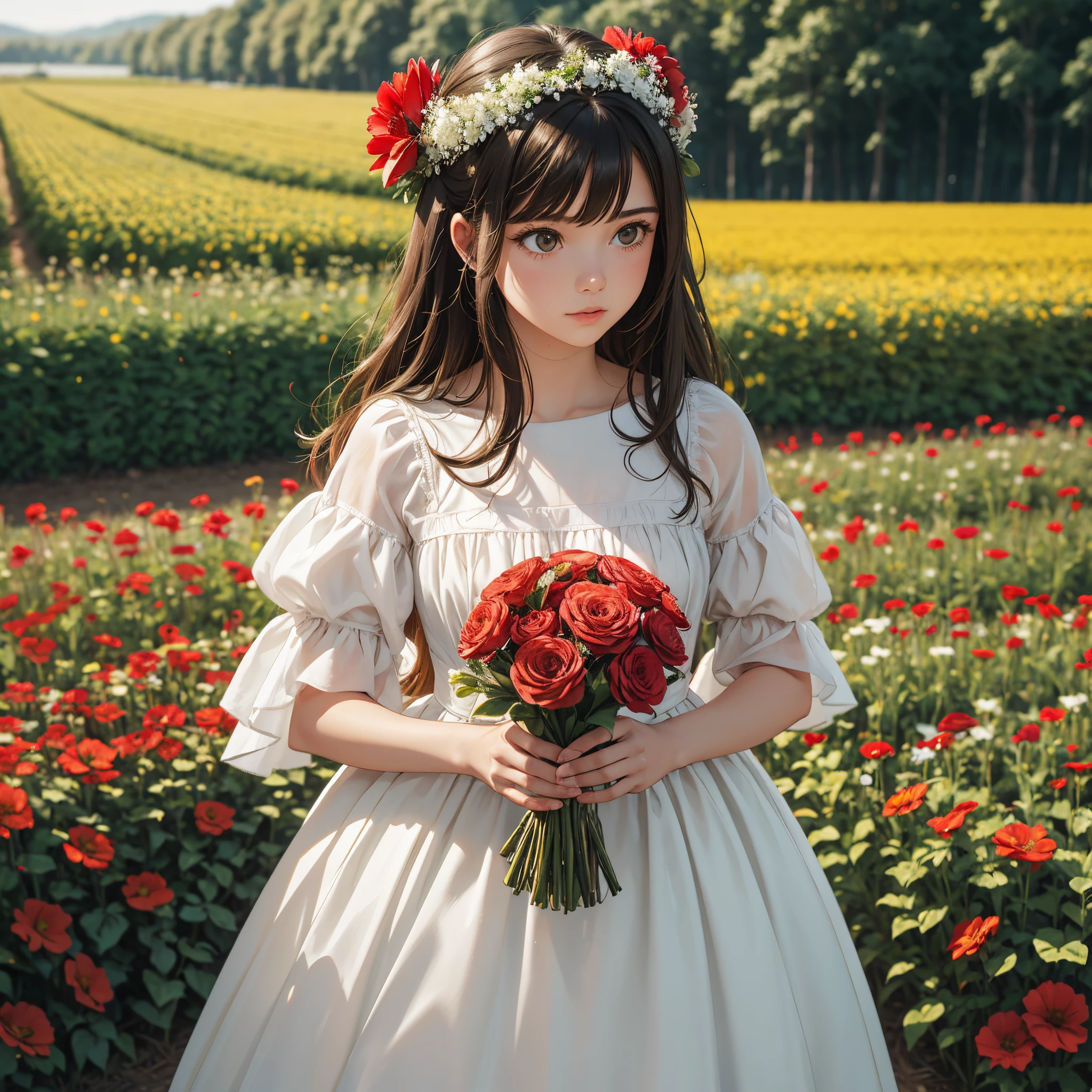 There is a girl in a red and white dress holding a bouquet, girl in flowers, Recogiendo flores, sosteniendo flores, recogiendo una flor, girl standing in flower field, girl standing in a flower field, Flores en las mejillas del heredero, girl in a flower field, portrait of girl in flower field, Girl walking in the woods, girl with a flower head