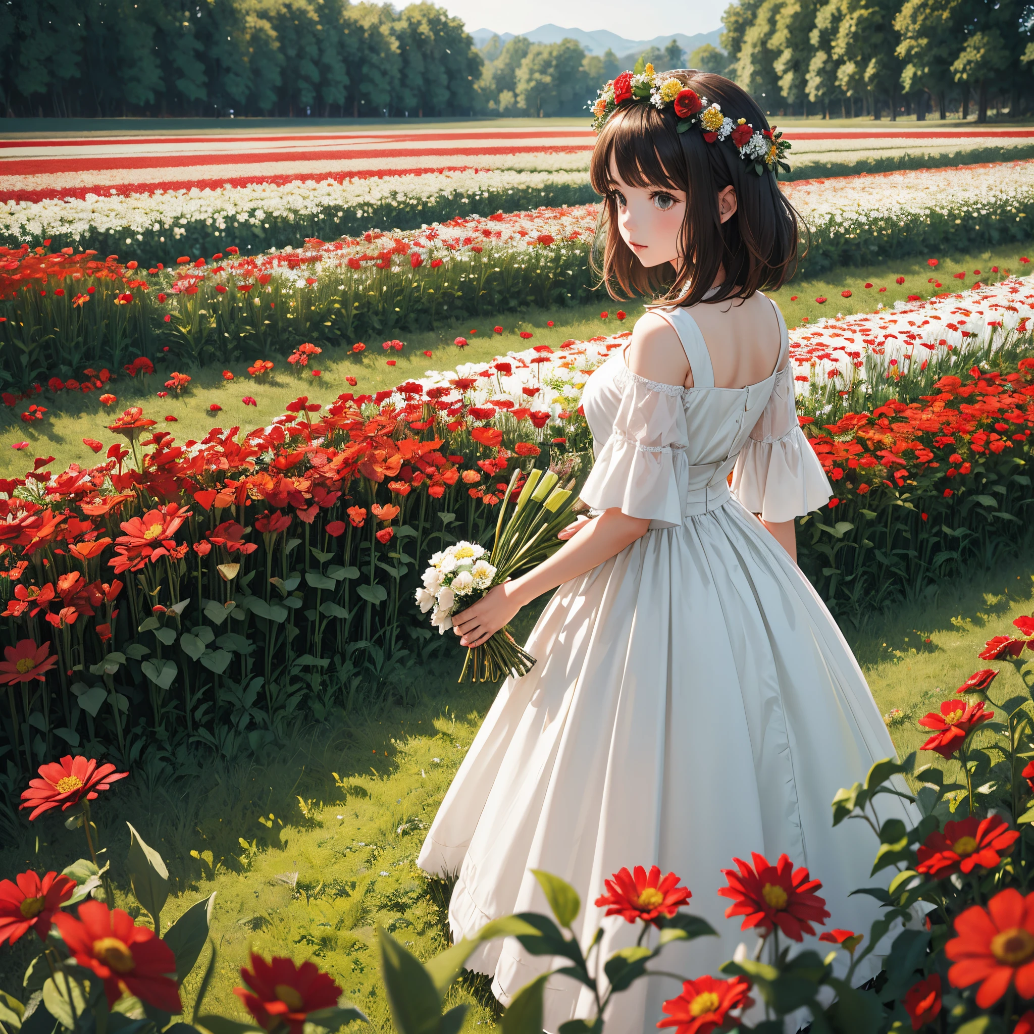 There is a girl in a red and white dress holding a bouquet, girl in flowers, Recogiendo flores, sosteniendo flores, recogiendo una flor, girl standing in flower field, girl standing in a flower field, Flores en las mejillas del heredero, girl in a flower field, portrait of girl in flower field, Girl walking in the woods, girl with a flower head