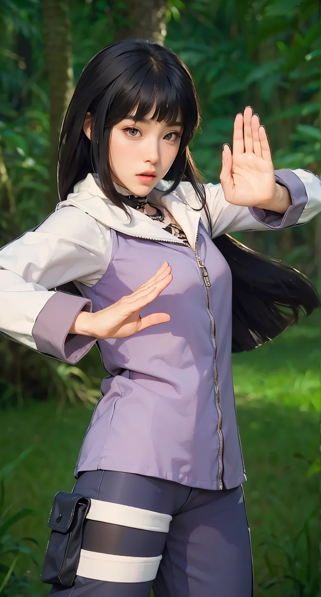 Real life adaption of this character , handsome man,realistic same hair The front has flat bangs and the back is long and the ends are cut evenly , ((realistic same outfit)), realistic jungle background , realistic light, realistic shadow, realism, hyper realistic,(photorealistic:1.2),