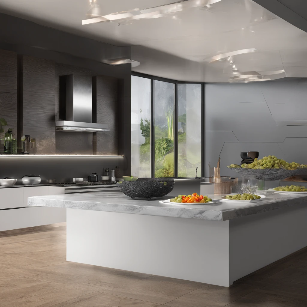 there is a plate of grapes on a counter with a bowl of grapes, cool 3d visualisation, striking artistic concept, intricate fire designs, zaha hadid octane highly render, made of lava, dark kitchen, magnificent design, molten, depicted as a 3 d render, hyper realistic detailed render, stunning-design, lava, stunning 3 d render, stunning 3d render