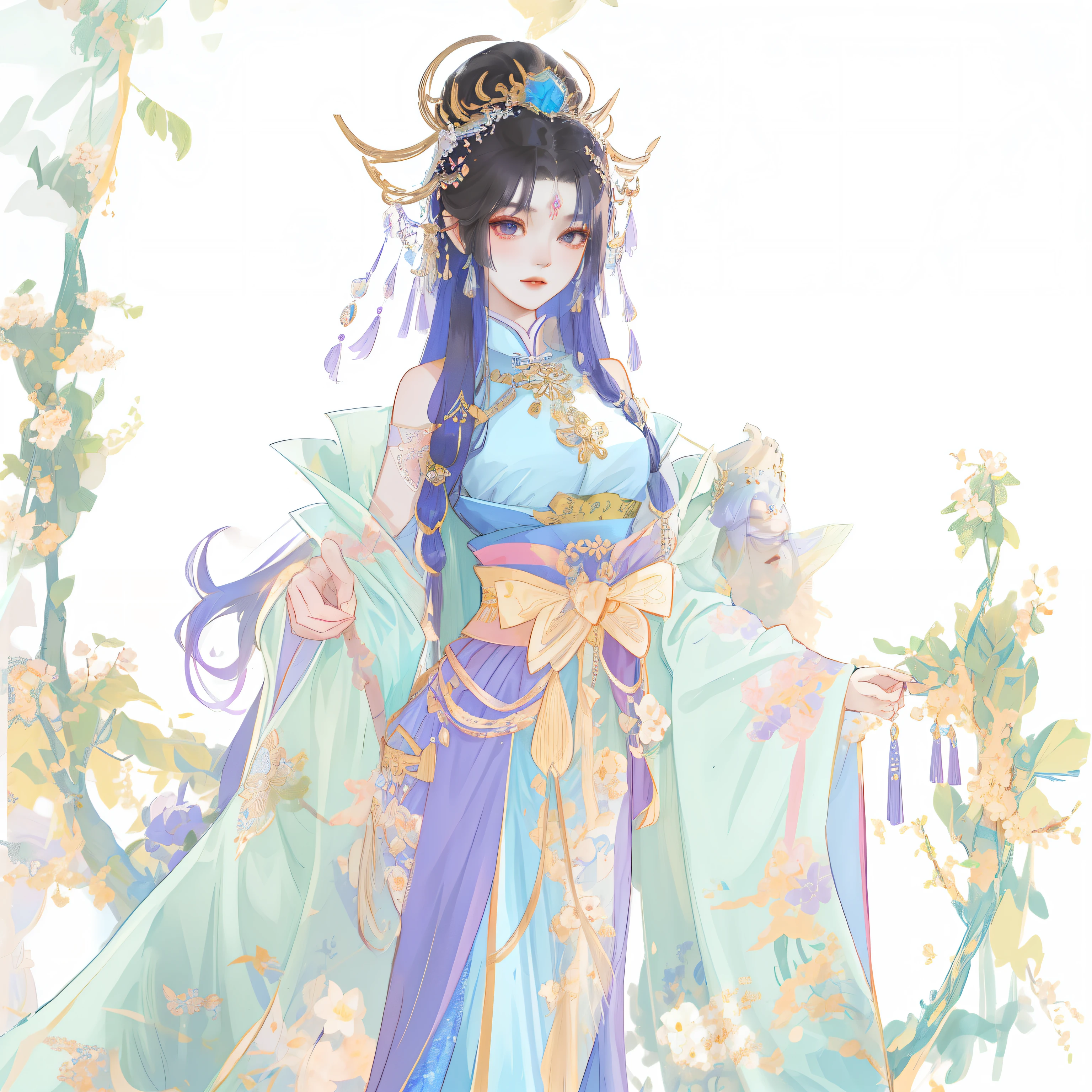 Ancient Chinese style,extremly high detail,exquisite facial features,8K,need,cabelos preto e longos,Osmanthus fairy blue and purple skirt picture, Beautiful Queen, ((beautiful fantasy empress)), Inspired by Lanying, spring goddess, gilded lotus princess, Beautiful and elegant fairy, full body xianxia, Belle peinture de personnage, palace , A girl in Hanfu, inspired by Ai Xuan, Inspired by Qiu Ying