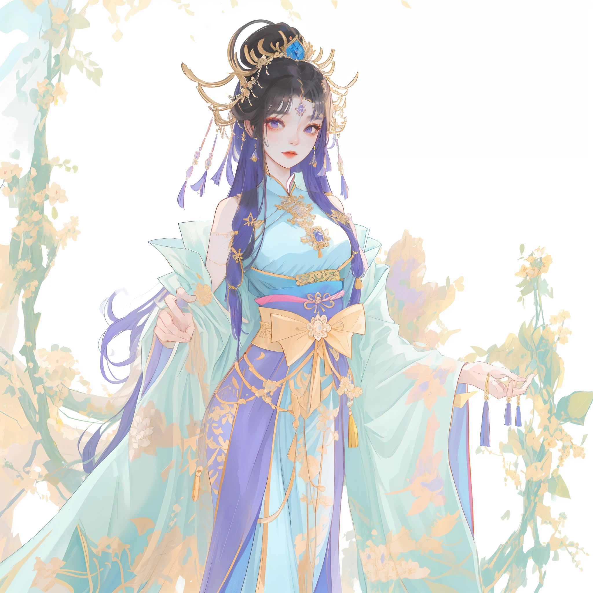 super-fine,Ancient Chinese style,extremly high detail,exquisite facial features,8K,need,cabelos preto e longos,Osmanthus fairy blue and purple skirt picture, Beautiful Queen, ((beautiful fantasy empress)), Inspired by Lanying, spring goddess, gilded lotus princess, Beautiful and elegant fairy, full body xianxia, Belle peinture de personnage, 宮 , A girl in Hanfu, inspired by Ai Xuan, Inspired by Qiu Ying
