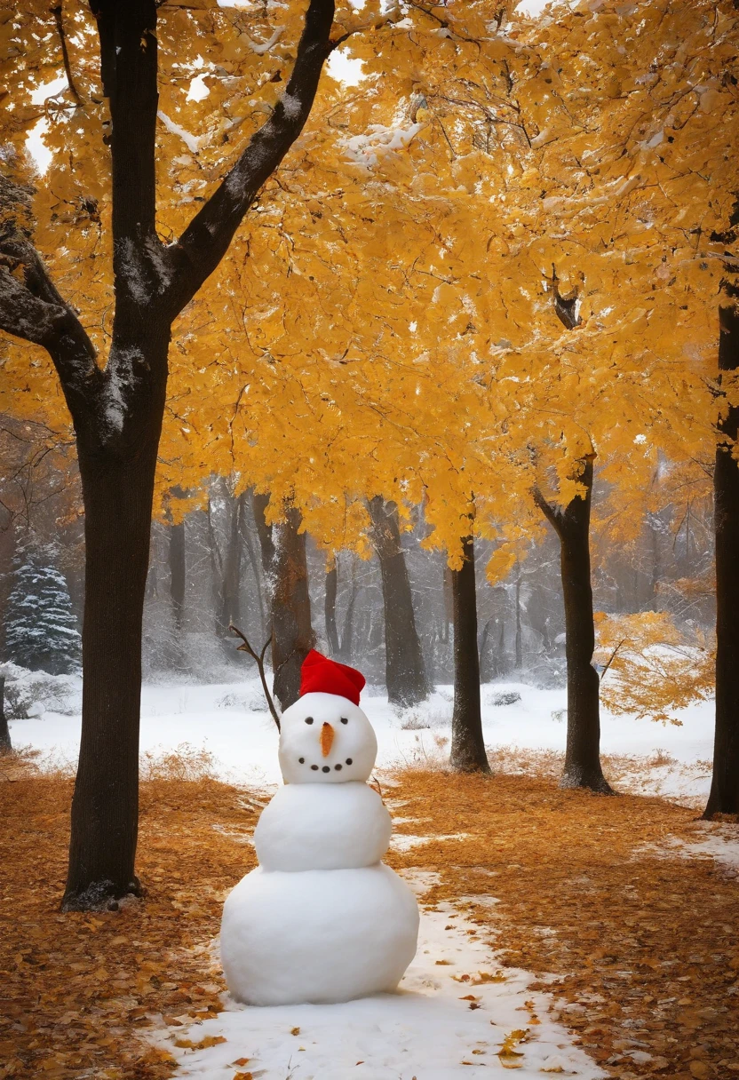 Build a snowman,Yellow leaves,White snow,Snowman red scarf,Carrot nose,chubbiness