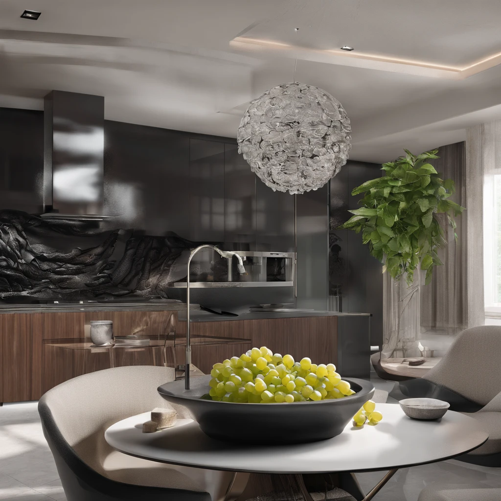 There is a plate of grapes and a bowl of grapes on the counter, Stunning 3D visualization, Striking artistic concept, complex fire design, Zaha Hadid's High Octane Render, made of lava, dark kitchen, magnificent design, Molten, depicted as a 3 d render, hyper realistic detailed rendering, amazing design, lava, Amazing 3D rendering, Amazing 3D rendering