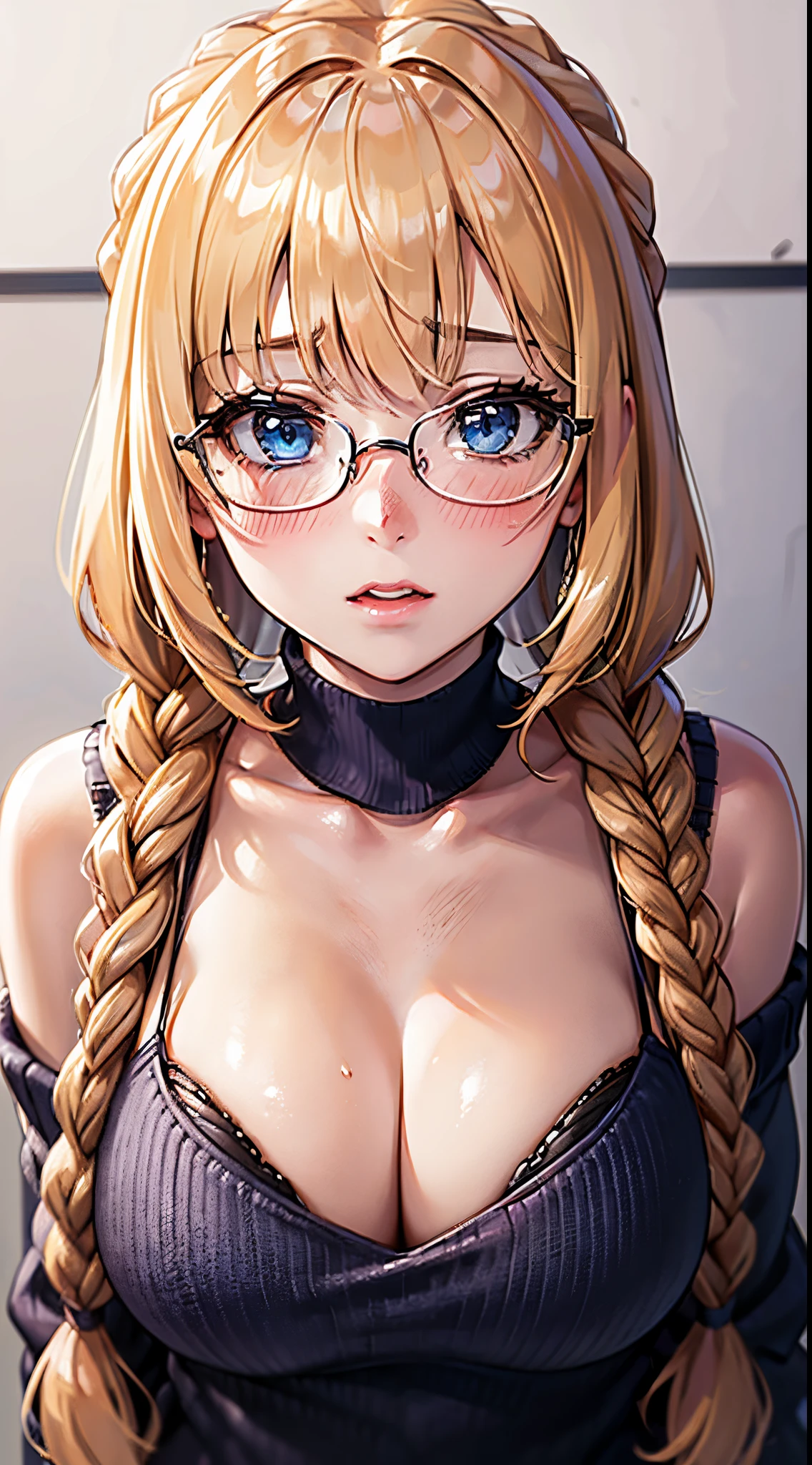 1womanl,Golden head hair, ,((Impatient expression)),Beautiful breasts,Sweater knitwear,well-styled,,(Facing the front)(((Blushing cheeks、Surprised look)),(((Braids))),((( Upper body portrait)))Frameless glasses,Blue eyes,(((Bangs are aligned)))(())Sexy Bra