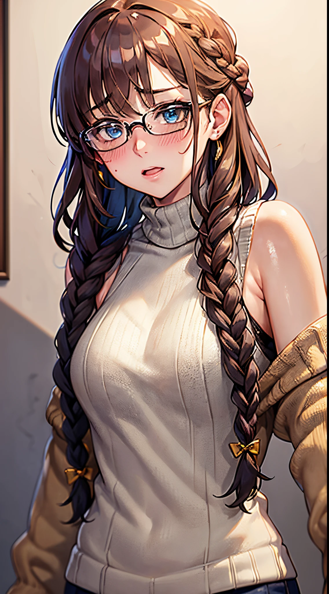 1womanl,Golden head hair, ,((Impatient expression)),Beautiful breasts,Sweater knitwear,well-styled,,(Facing the front)(((Blushing cheeks、Surprised look)),(((Braids))),((( Upper body portrait)))Frameless glasses,Blue eyes,(((Bangs are aligned)))(())Sexy Bra