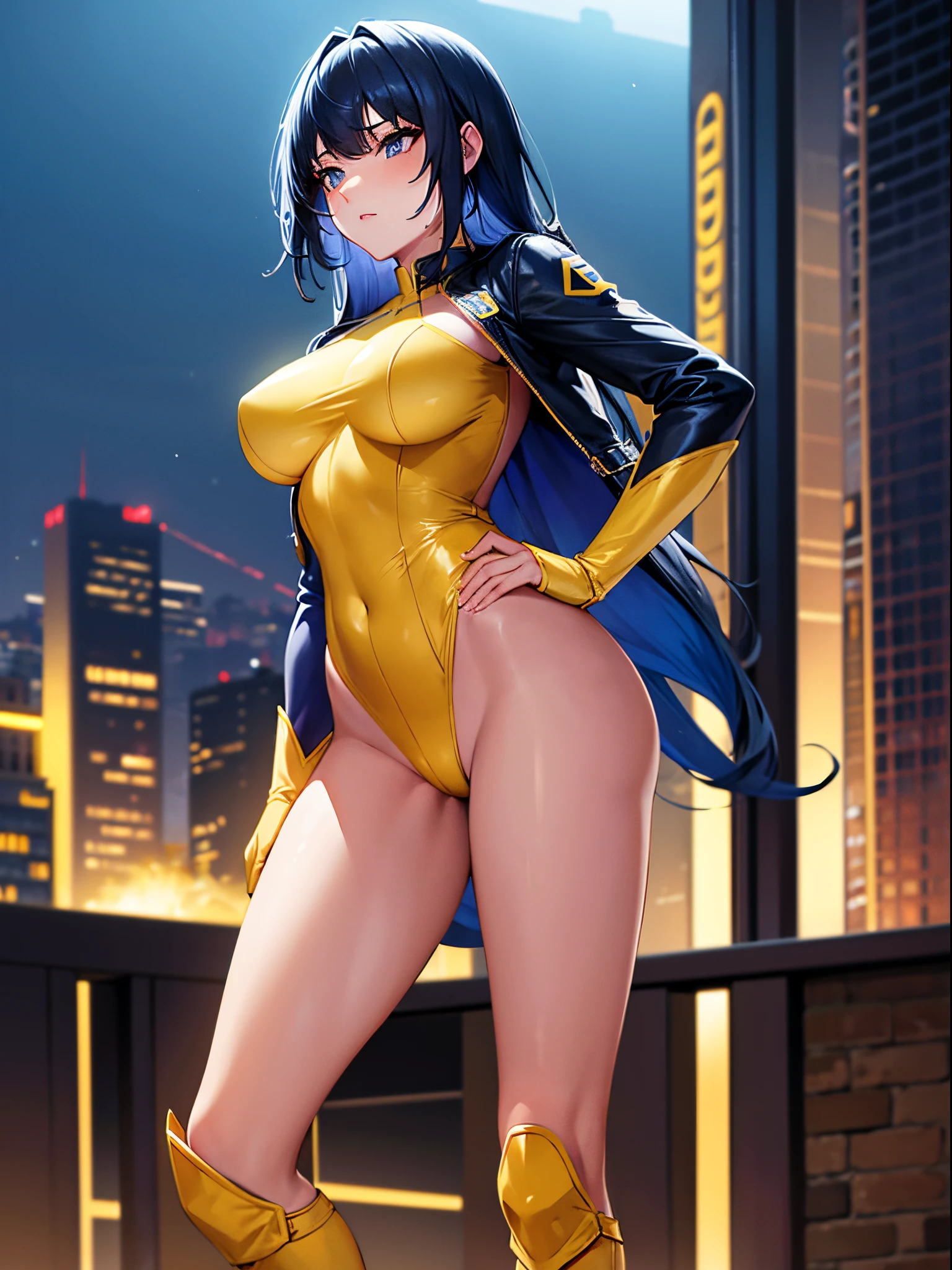 masterpiece, best quality, 1girl, superhero, yellow leotard, bare legs, knee boots, matching boots, medium breasts, heroic, city backdrop, standing, body infused with energy, light particles, solo, single, cowboy shot, perfect anatomy, hand on hip, blue hair, glow, glowing body