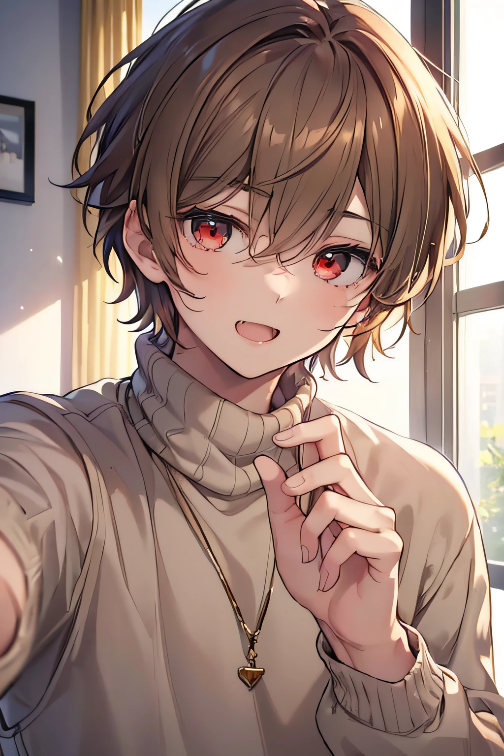 masterpiece,best quality,ultra detailed, ((((solo boy)))), ((mid-teen guy)),dynamic angle,light brown hair,red eyes,,hairs between eyes,gentle smile,knit sweater, open mouth with skin fang,neutral,perfect face, good looking,slightly cute,
