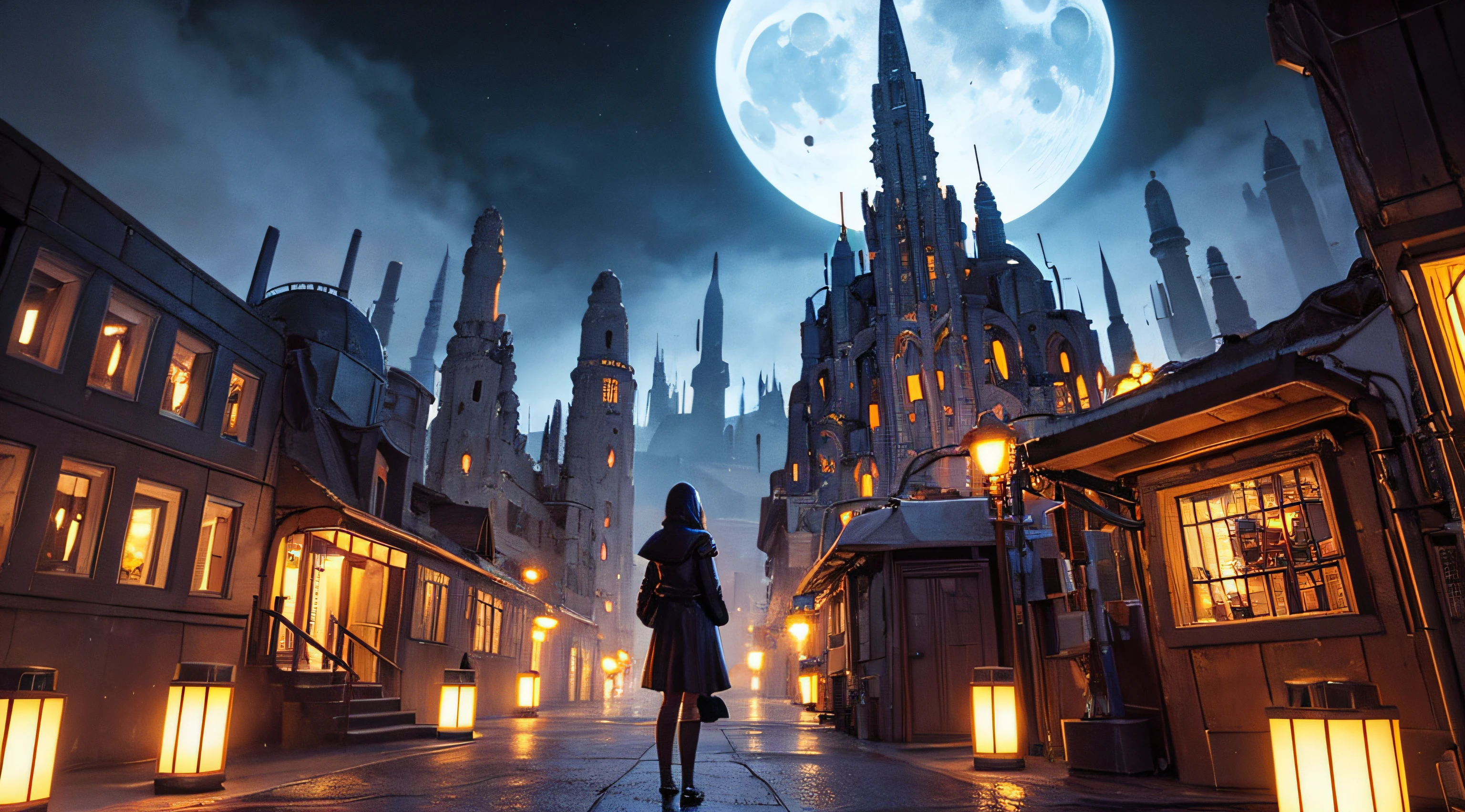Dark Fantasy, The fantastic scenery, highly detailed landscape, Moonlight, Alien City The Future of Science Fiction, dark art, utopian atmosphere, Mechanical and retro world, land like cappadocia, light from building windows, Strange architecture and streets inspired by Antonio Gaudi, dark sky, Overcast sky, grey sky, Retro analog synthesizer shape, Mechanized anime girl playing a retro analog synthesizer