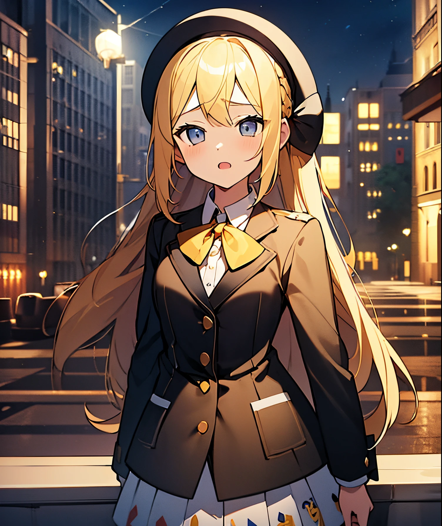 1girl. yellow hair.long hair.short stature. small breast.skirt. (((masterpiece))).(((best quality))).)((ultra-detailed))).(((illustration))).(((night view))).school uniform.magic circles.open mouth.Sad face.beret.up chest.highrise buildings.In the street.