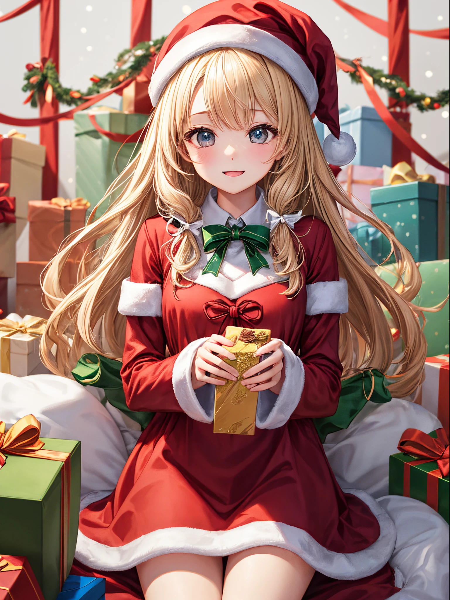 girl vs..、nothing background、without background、background travel、double tails、Two knots、white blonde、beret、bow ribbon、christmas、Exhibited、santa、Red dress、kawaii