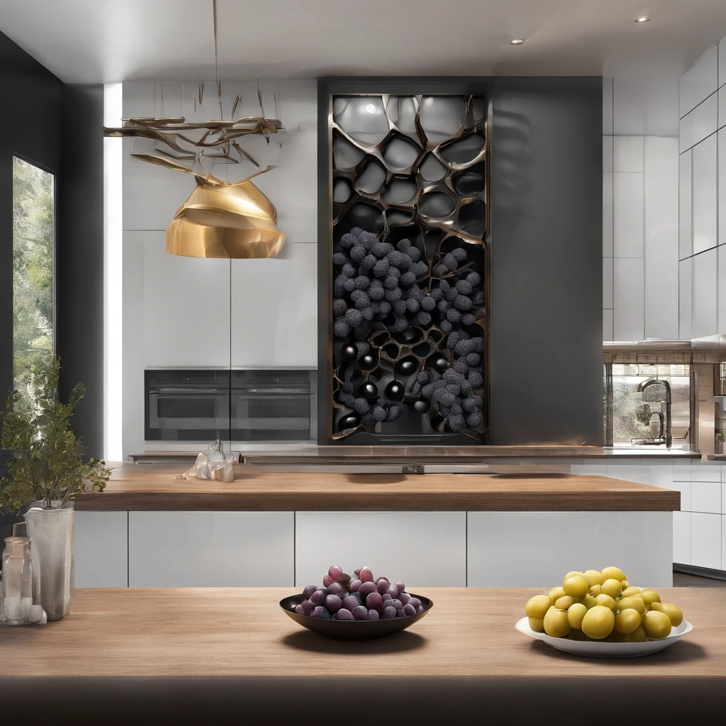 There is a plate of grapes and a bowl of grapes on the counter, Stunning 3D visualization, Striking artistic concept, complex fire design, Zaha Hadid's High Octane Render, made of lava, dark kitchen, magnificent design, Molten, depicted as a 3 d render, hyper realistic detailed rendering, amazing design, lava, Amazing 3D rendering, Amazing 3D rendering