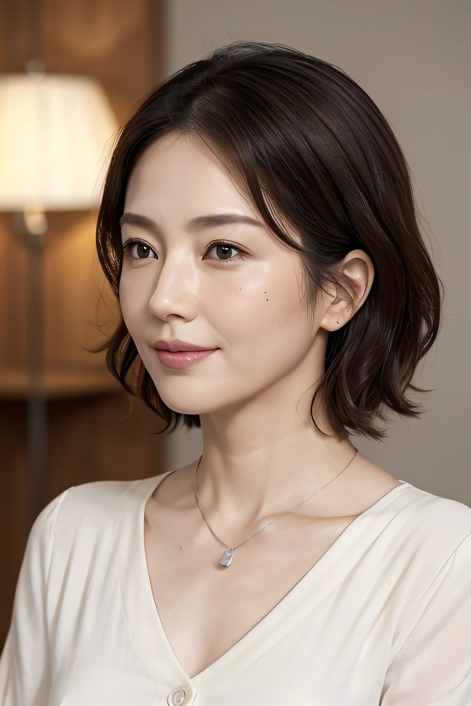 (8K, top-quality, masterpiece:1.3, 超A high resolution, A hyper-realistic), High Detail, (Face like the real thing), Photorealsitic, Raw foto, ((one beautiful women)), Detailed face, beautidful eyes, realisticeyes, Eyes in Beautiful Details, (real looking skin), Beautiful skins, enticing, depth of fields, hight resolution, High pixel count, ((Sideways face, Looking away, Don't look your audience in the eye, Don't look at the camera)), fashionable cafe, The background is also in the picture, clear details, sharp photo, Natural color reproduction, Noise Reduction, High fidelity, Small pendant in silver color, A small necklace in silver color, (Wine-colored light knit U-neck shirt, Neat and clean clothing, Clothing that makes it difficult to see the chest, Clothing that makes it difficult to see the chest, Clothes with hidden breasts), small tits, Sexy lips, Ears are visible, a smile, kindly smile, Beautiful skins, enticing, the golden ratio, (Detal Face:1.2), profetional lighting, Lighting the face, best light, japanes, A Japanese Lady, Japan Mature Woman, a matural female, Short Bob Hair, ((sixty years old, Beautiful, Wrinkles on the face, Wrinkles at the corners of the eyes, Nasolabial fold wrinkles, Small wrinkles, Beautiful, Beautiful Aunt, Moderate moles, Small mole on the face)), The whole picture, Overall photo, Photo from the waist up