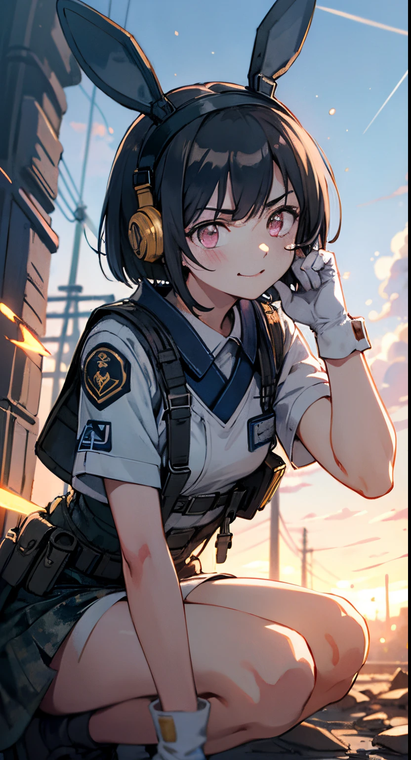 masutepiece,Bart Quality,Colorful pastels in absurd high resolution, (Watercolor art: 1.3), (Selective Fairness: 1.4),
BREAK,
1girl in, (17 years old girl), Very detailed, colourfull, highest details, 1 beautiful girl, Solo,(Cute:1.5),(Chibi:0.8), (kawaii:1.5),(Lori:0.5),(girl, Cute, Cheerful, Loli face, slightly bulging chest),(A dark-haired,Disheveled short bob,tareme,Pink eyes:1.5),(sano,A smile,Bad face:1.2), (White rabbit ear headband:1.2),Shiny skin,Clear skin, Beautiful skin,(best quality face),(Top quality glowing eyes), Grim expression,angry, BREAK ,(military theme:1.35),(Camouflage military uniform:1.35),Hair ornaments,(Black Short High:1.2),Miniskirt,Body Protector,holding weapon, (headset on head:1.2),(Machine Gloves:1.2),knee protector, (Panties with white and green stripes:1.2),(girl crouching down :1.2),(Get down on one knee:1.2),Headgear,(holding rifle:1.2),(h&K HK416, carbine, assault rifle, fire, opening fire, :1.2)(Ammunition cartridge holder on the thigh:1.2),
BREAK, (tokyo prefecture, city :1.2),Tokyo Tower,Ruins,Broken World,Bokeh,A devastated town,car on fire,Apocalypse,Cloudy sky,Broken Buildings,(Military helicopter flying in the sky), Waterfall,depth of fields,
BREAK,wakame,wakame,wakame,(Dynamic Angle:1.4),
BREAK,(Blurry background:1.3),(absurderes, hight resolution, Super Detail Art),cel shading,Clear Color, Lonely optical effect, Beautiful pictures, Bright glow, mystic atmosphere,(Close-up of girl:1.1), Mystical light particle effect,manga influence, clean line drawings,