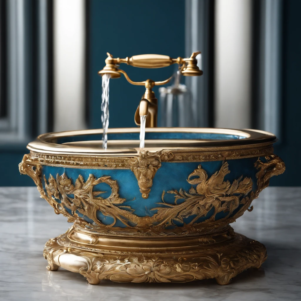 there is a bowl with a blue and gold decoration on it, bathtub, bathtub with golden faucet, dreamy and detailed, ornate and flowing, made purely out of water, beauteous sumptuous, blue and gold color scheme, made of liquid metal and marble, gold and blue, detailed and bright, blue feathers, magnificent design, gold and luxury materials, vivid and detailed