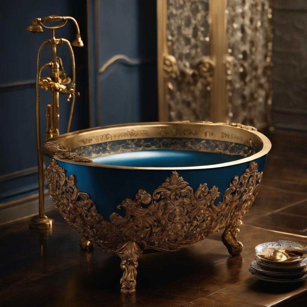 there is a bowl with a blue and gold decoration on it, bathtub, bathtub with golden faucet, dreamy and detailed, ornate and flowing, made purely out of water, beauteous sumptuous, blue and gold color scheme, made of liquid metal and marble, gold and blue, detailed and bright, blue feathers, magnificent design, gold and luxury materials, vivid and detailed