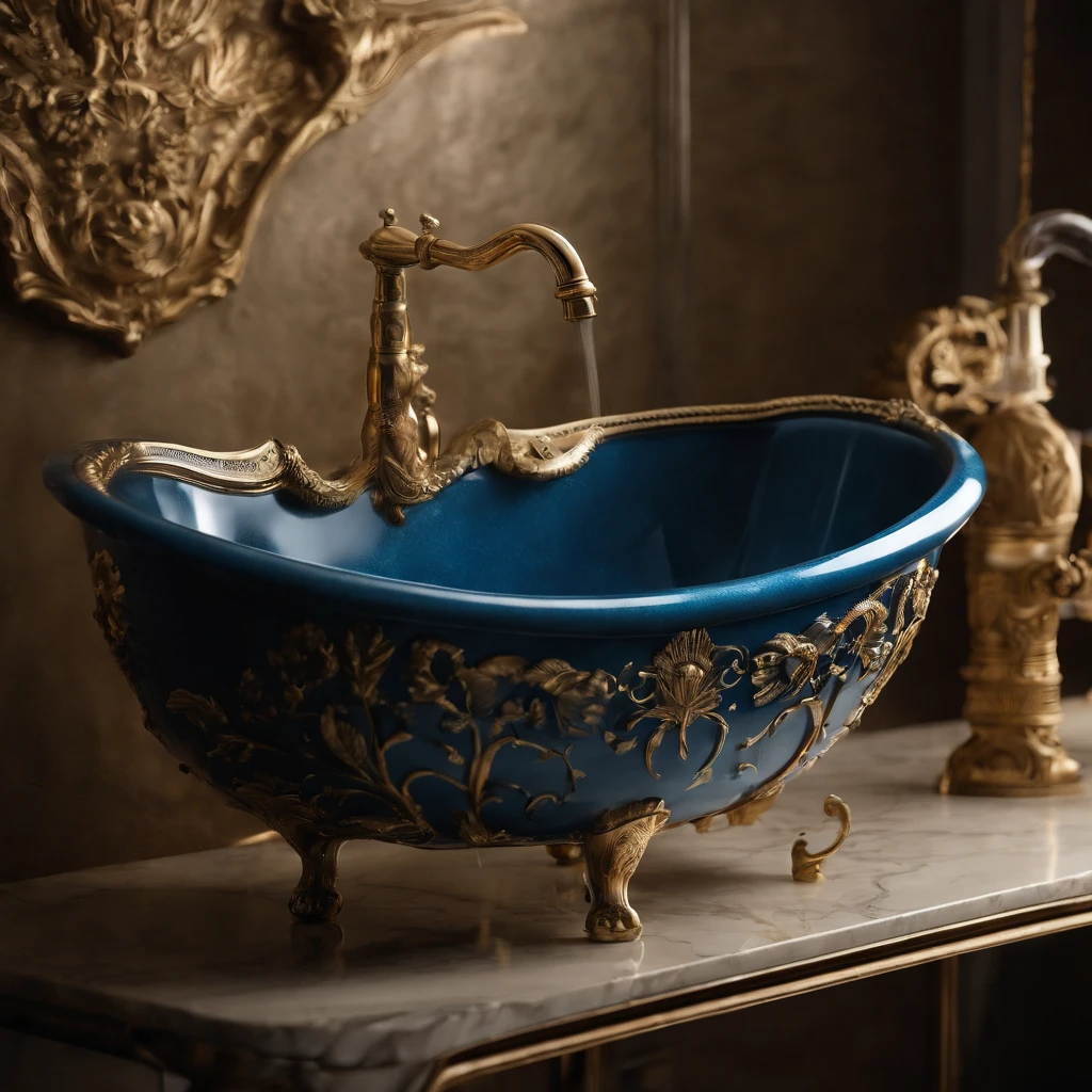 there is a bowl with a blue and gold decoration on it, bathtub, bathtub with golden faucet, dreamy and detailed, ornate and flowing, made purely out of water, beauteous sumptuous, blue and gold color scheme, made of liquid metal and marble, gold and blue, detailed and bright, blue feathers, magnificent design, gold and luxury materials, vivid and detailed