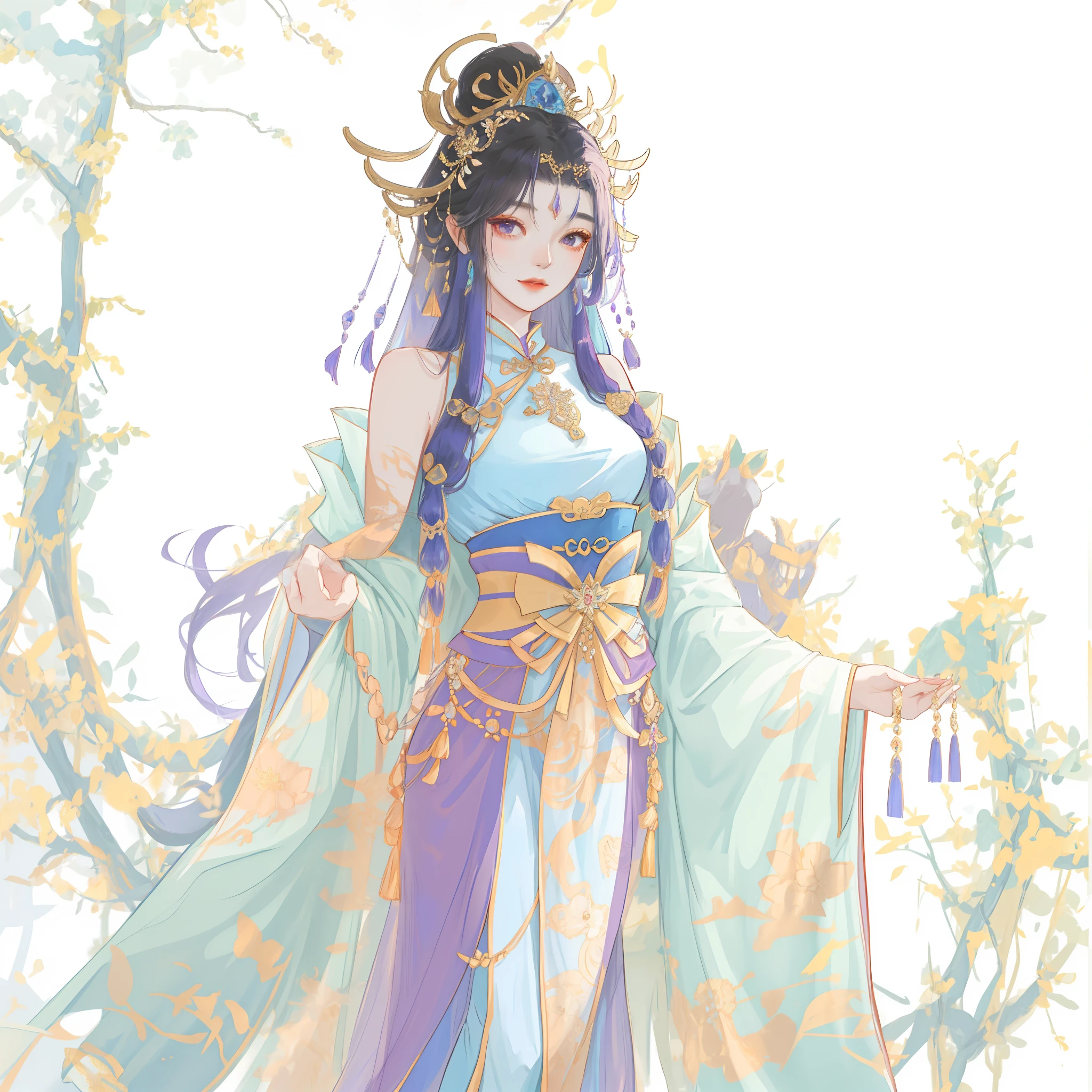 Ancient Chinese style,extremly high detail,exquisite facial features,8K,need,cabelos preto e longos,Osmanthus fairy blue and purple skirt picture, Beautiful Queen, ((beautiful fantasy empress)), Inspired by Lan Ying, spring goddess, gilded lotus princess, Beautiful and elegant fairy, full body xianxia, Belle peinture de personnage, 宮 , A girl in Hanfu, inspired by Ai Xuan, Inspired by Qiu Ying