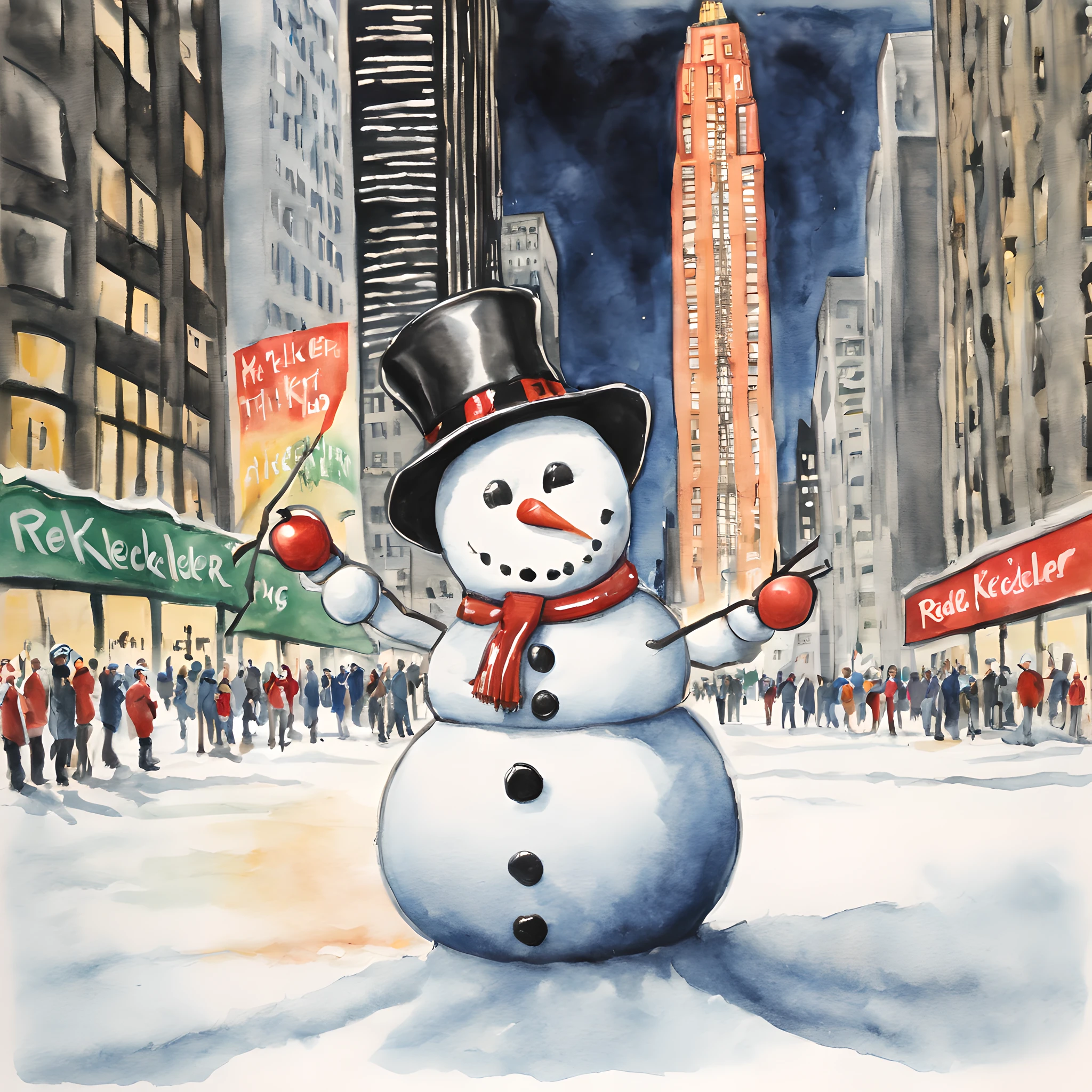 (snowman:1.5),(snowman theme:1.5),(dark horror theme:1.5),(thriller:1.5),(inspiration from Stephen King:1.5),(dark fantasy:1.5), (ink and watercolor painting:1.5), (full color:1.5), 8k, 4k, (snowman in front of rockefeller center:1.5),(Christmas:1.5),(absurderes:1.5),(fantastic:1.5),(best quality:1.5),(masterpiece:1.5),