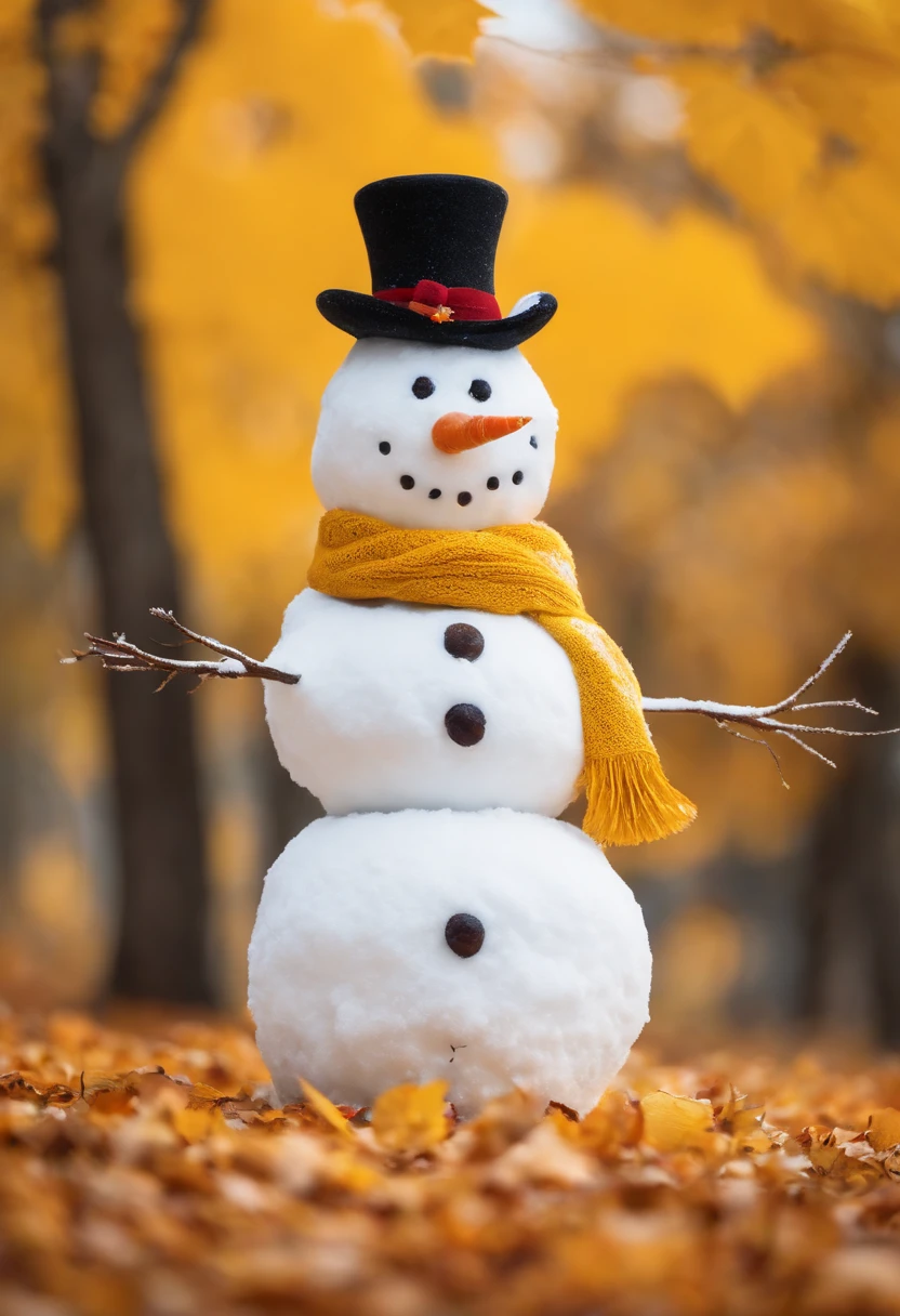 Make a snowman，Yellow leaves，White snow，Snowman red scarf，Carrot nose，chubbiness