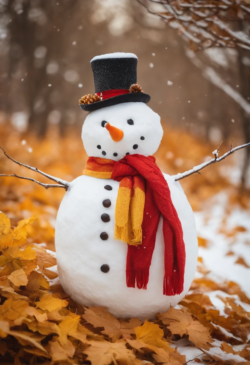 Make a snowman,Yellow leaves,White snow,Snowman red scarf,Carrot nose,chubbiness