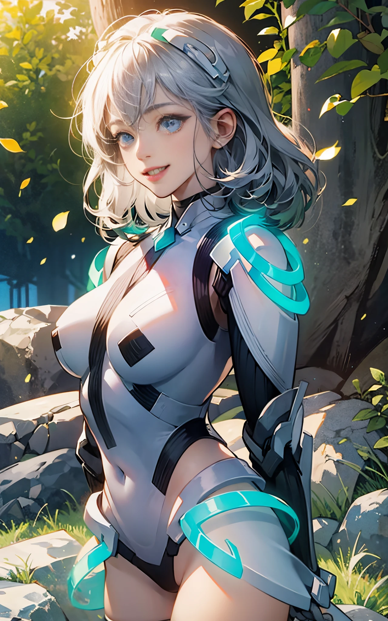 lightsmile, deva battle suit, Outdoors, Silver hair, bobhair, Blue eyes, waist shot