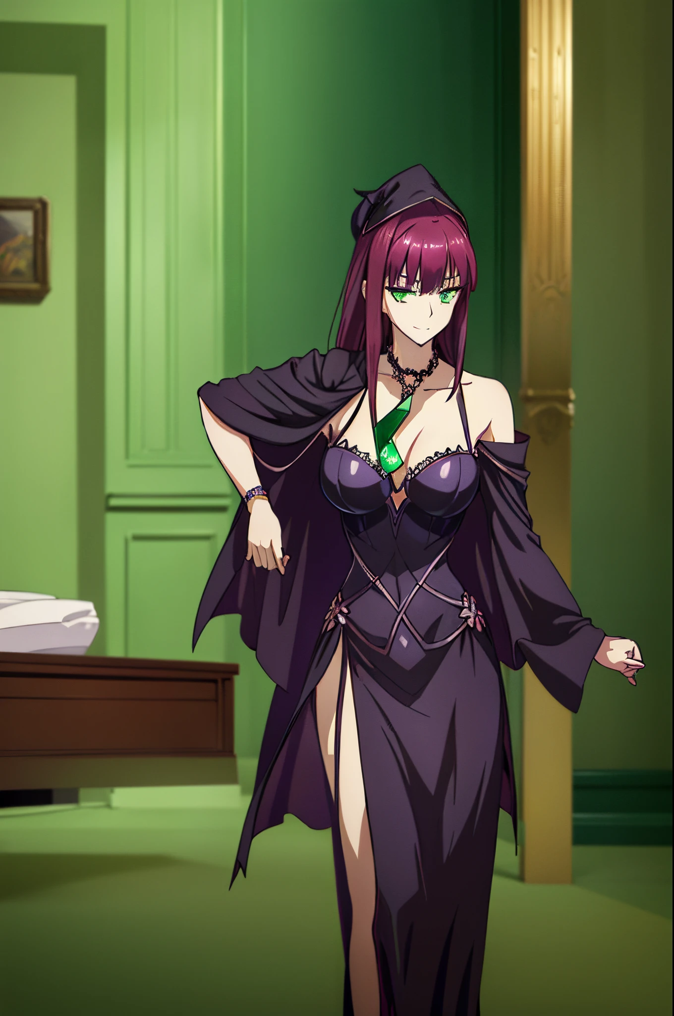 Makima (chain saw man),Sukasaha (Fate/grand order),Shimohira Reihua ,Sukasaha=Skadi,Hi-Res,Very delicate and beautiful CG illustration,top-quality,Realistic skin feeling,Realistic fabric,Realistic texture,beautiful thigh,big breasts thin waist,(((masutepiece))), (((Best Quality))),8K,32K,masterpiece,beautiful alluring anime woman,ultra-definition,ultra-detailliert,hight resolution,a hyperrealistic schoolgirl,masuter piece, Best Quality, High quality, High Definition, high quality texture, high quality shadow, high detailing,finely detail,1girl in,Solo,Soio,tall,AS-Adult,Mature atmosphere,Leg length,neat and long legs,8 Head Body,stature:171cm,Mature girls,Reddish-purple hair,Reddish-purple hair,Purple hair,silky and smooth hair,Colorful hair,Straight hair,Smile,Smiling happily,Seductive look,Bewitching look,Cute smile,Cute smile,Cool Beauty,Beautuful Women,Neat face, Beautiful realism,beautiful hairl,a necklace,Jade accessories around the neck,A slight smil,Colorful eyes,green colored eyes,Jade-colored eyes,beautidful eyes,Bright eye,Delicat eyes,Eyes Like Gems,Jade Eyes,Hanging eyes,(Green eyes:1.5),Seductive face,watching at viewers,mystic atmosphere,is standing,sorcerer,Witch,the witch,Fantasia,medieval european town,Medieval cityscape,holding magic wand,The tip of the magic wand is shining,Holding a magic wand,Wizard Hat,wear a big witch hat,Dresses with ruffles,Longer dress,gothic dress,Long skirt,wearing a black gothic dress,Wearing a black robe,magic circles,Rubik's Square,(((Witch's attire))) ,ruins,Dresses with less exposed skin,Mystical,Victorian,gothic styles,wearing a gothic dress,Long black dress,Best Shadow,Woman in Gothic black dress,cool color,black cloak,cloaks, cape with hood, cloak with hood