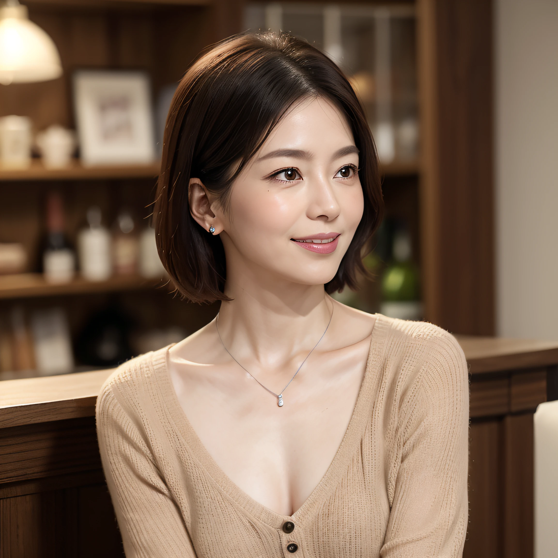 (8K, top-quality, masterpiece:1.3, 超A high resolution, A hyper-realistic), High Detail, (Face like the real thing), Photorealsitic, Raw foto, ((one beautiful women)), Detailed face, beautidful eyes, realisticeyes, Eyes in Beautiful Details, (real looking skin), Beautiful skins, enticing, depth of fields, hight resolution, High pixel count, ((Sideways face, Looking away, Don't look your audience in the eye, Don't look at the camera)), fashionable cafe, The background is also in the picture, clear details, sharp photo, Natural color reproduction, Noise Reduction, High fidelity, Small pendant in silver color, A small necklace in silver color, (Wine-colored light knit U-neck shirt, Neat and clean clothing, Clothing that makes it difficult to see the chest, Clothing that makes it difficult to see the chest, Clothes with hidden breasts), small tits, Sexy lips, Ears are visible, a smile, kindly smile, Beautiful skins, enticing, the golden ratio, (Detal Face:1.2), profetional lighting, Lighting the face, best light, japanes, A Japanese Lady, Japan Mature Woman, a matural female, Short Bob Hair, ((sixty years old, Beautiful, Wrinkles on the face, Wrinkles at the corners of the eyes, Nasolabial fold wrinkles, Small wrinkles, Beautiful, Beautiful Aunt, Moderate moles, Small mole on the face)), The whole picture, Overall photo, Photo from the waist up