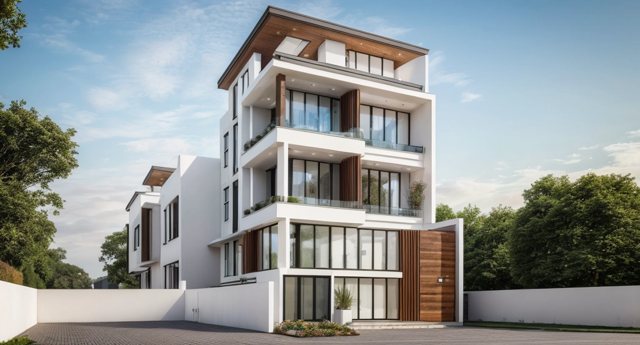 sunlight, day, exterior of contemporary house, wood and white material mix together, paverment, street road, beautiful sky, high quality, masterpiece, 8k uhd,