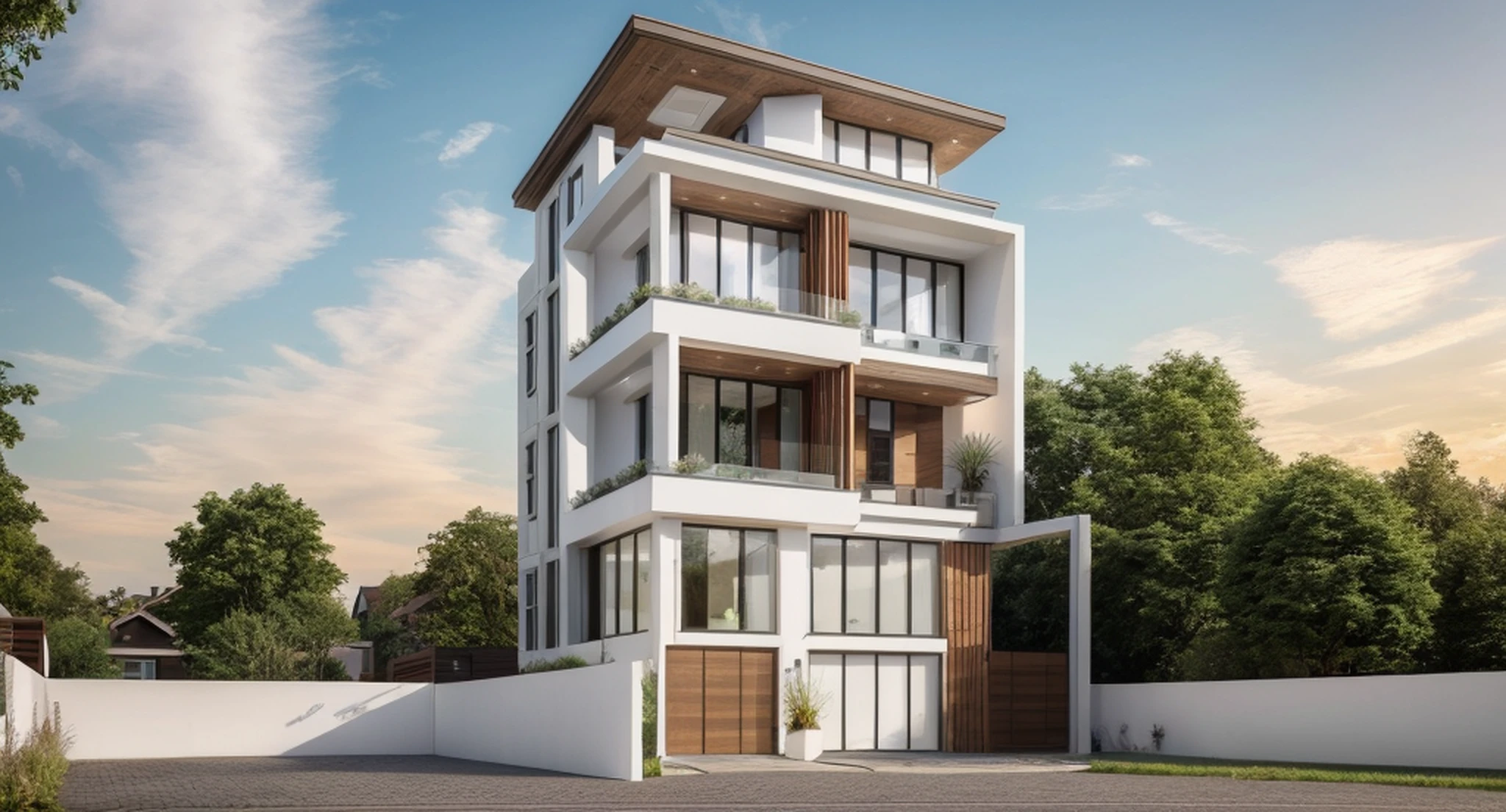 sunlight, day, exterior of contemporary house, wood and white material mix together, paverment, street road, beautiful sky, high quality, masterpiece, 8k uhd,