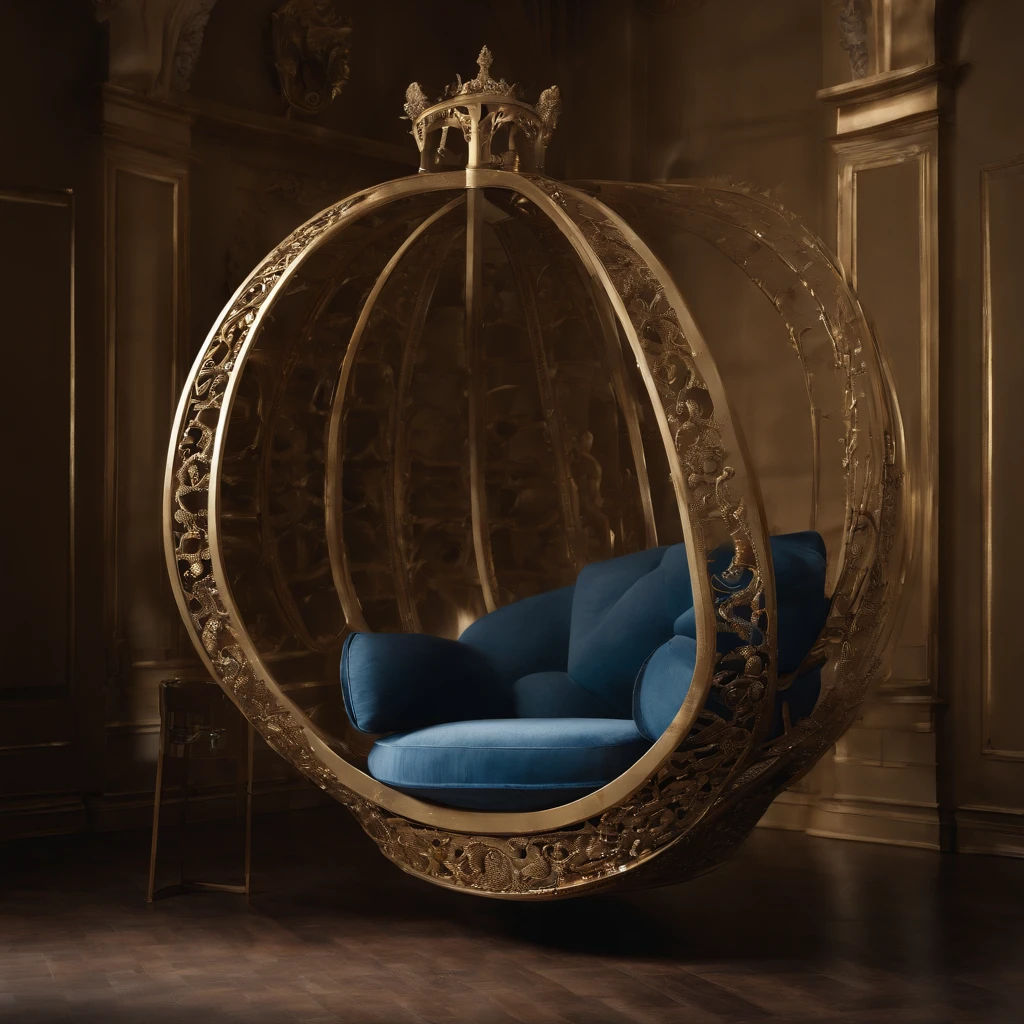 a close up of a hanging chair with a blue cushion, luxury furniture, by Elena Guro, blue and gold color scheme, exquisitely designed throne room, perched on intricate throne, luxury hd render, exquisite and handsome wings, gold and luxury materials, golden throne, extremely opulent, gold throne, furniture photography, royal interior, throne