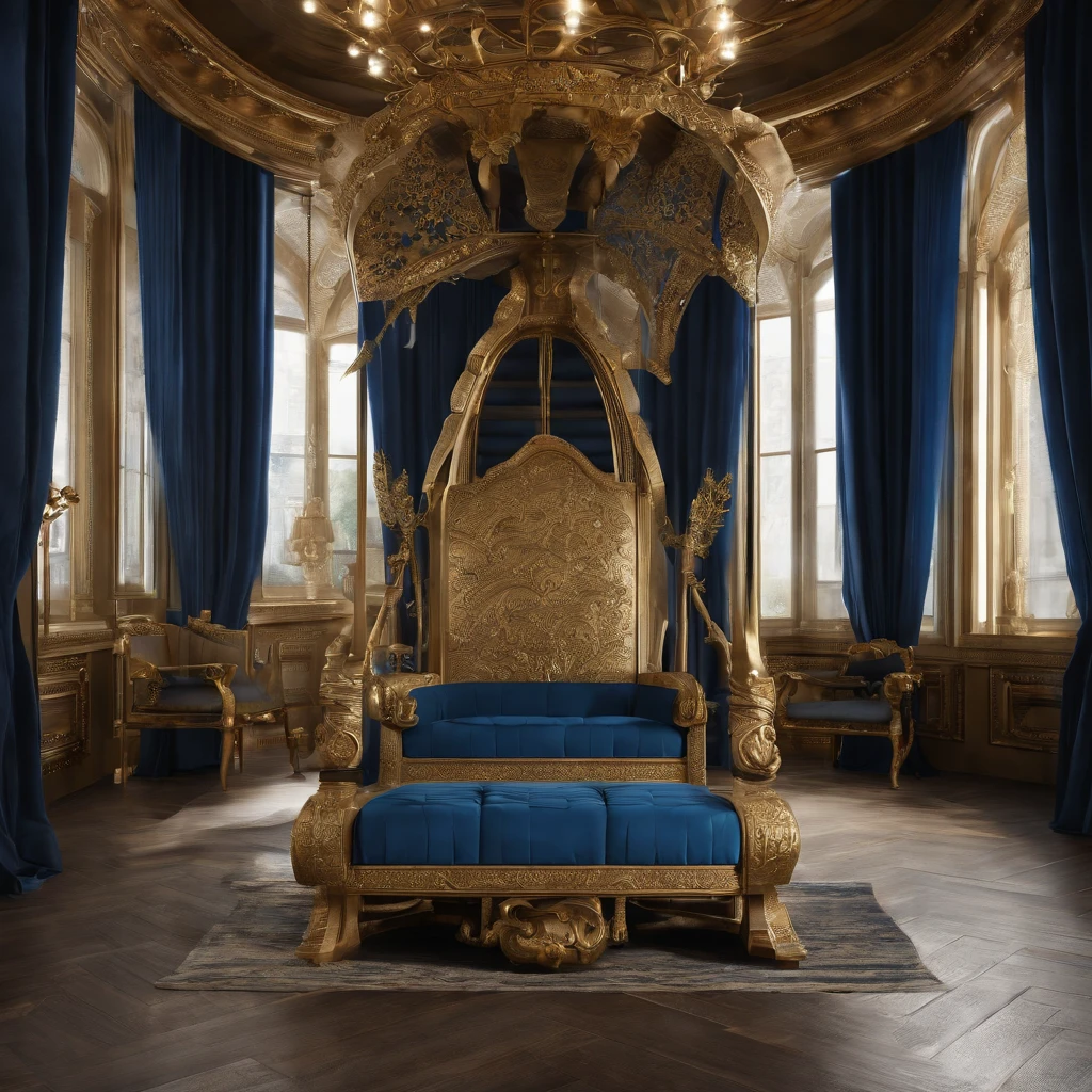 a close up of a hanging chair with a blue cushion, luxury furniture, by Elena Guro, blue and gold color scheme, exquisitely designed throne room, perched on intricate throne, luxury hd render, exquisite and handsome wings, gold and luxury materials, golden throne, extremely opulent, gold throne, furniture photography, royal interior, throne