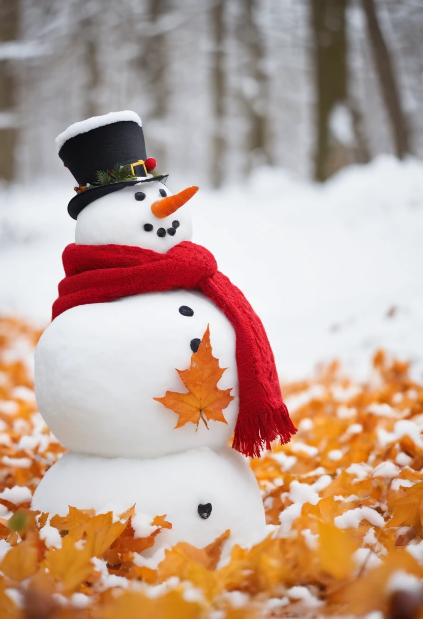 Build a snowman,Yellow leaves,White snow,Snowman red scarf,Carrot nose,chubbiness