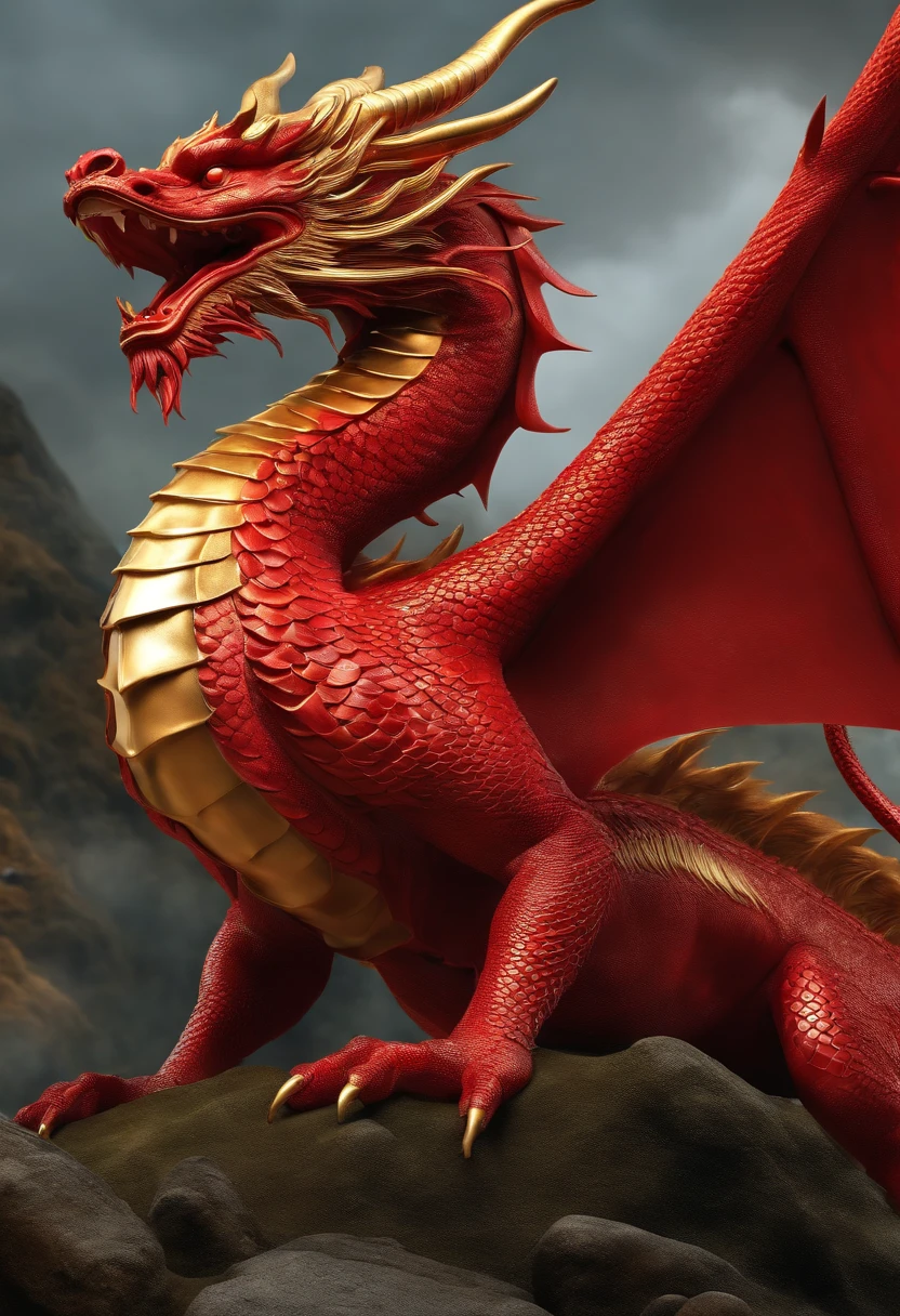 "Very nice 3D rendering of a Chinese red dragon，Dynamic representation, Vivid effects and details，Superior image quality，A high resolution，many color,　many coins, treasures"