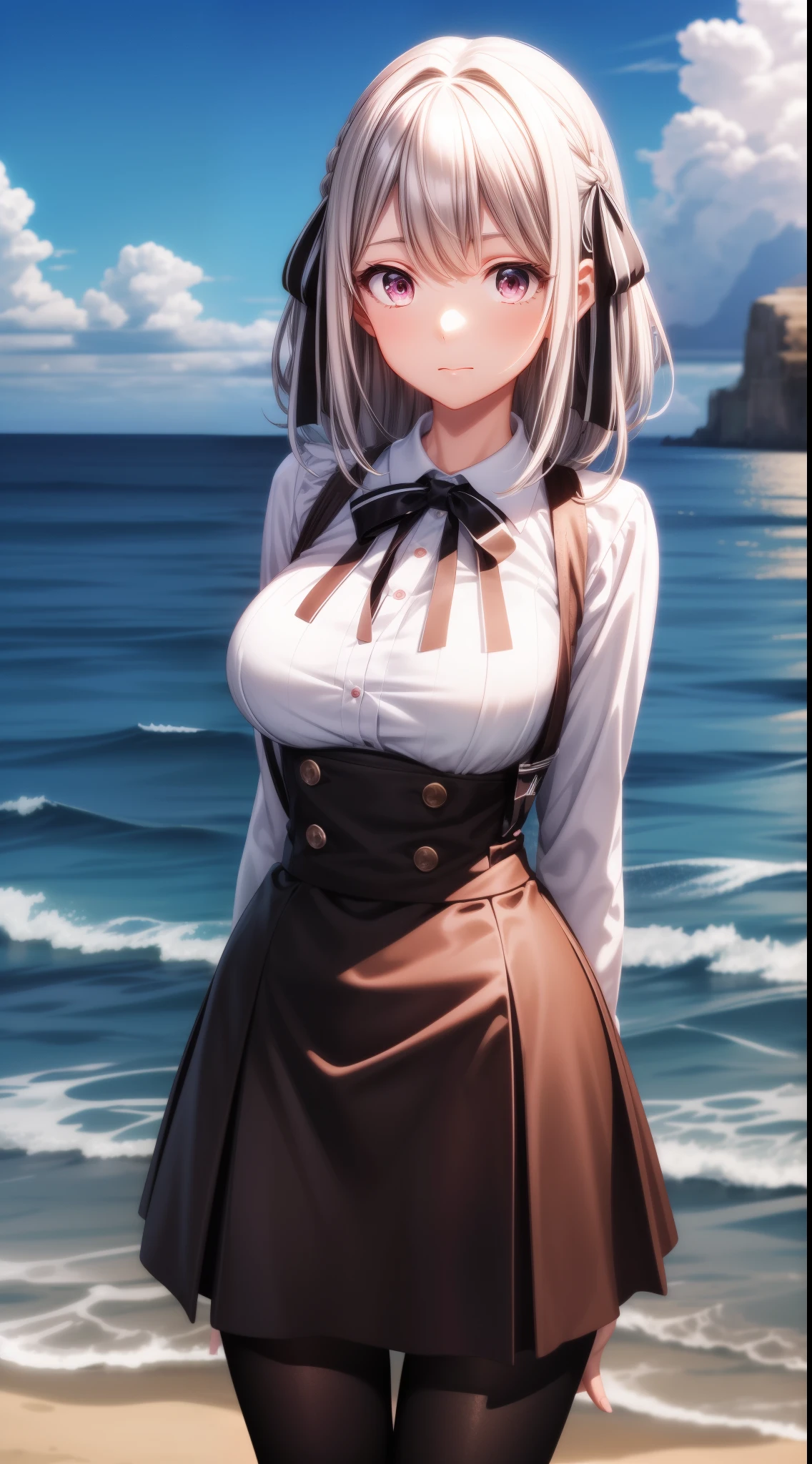 masterpiece, 1girl, solo, lily, medium-length silver hair, two black ribbons on each side of her head, a white lily above her right ribbon, pink eyes, large breasts, black shirt, neck ribbon, suspenders, high-waist skirt, black skirt, black pantyhose, standing, arms behind back, ocean view, ocean background