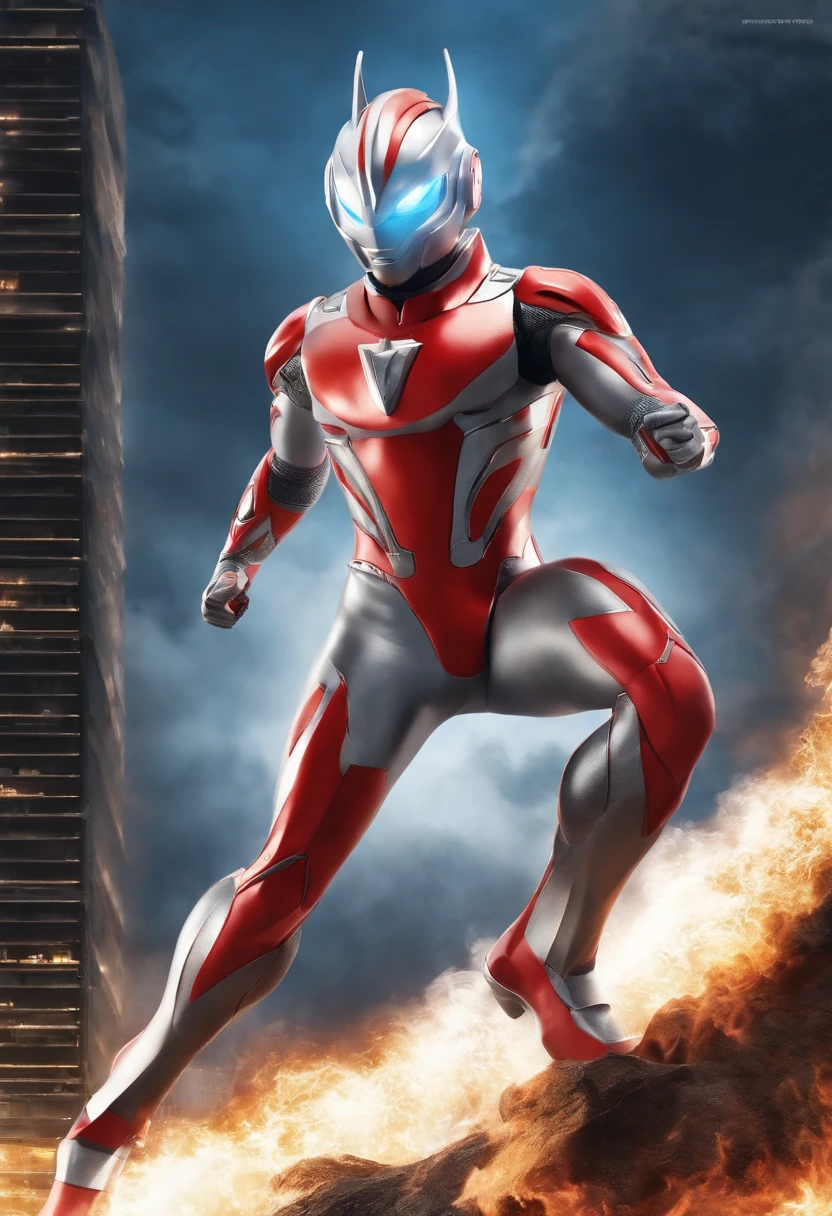 [ Amazing | astounding | delicated ] [Visually inspect the audience]Ultraman&#39;s character statue ， （Best quality， tmasterpiece）， 1人，combat scene， City smoke background， upper part of body， Contemporary，Blue Ultraman Tiga Color Color。[dot paper effect]，Ultra-clear image quality，32K，long-focus。