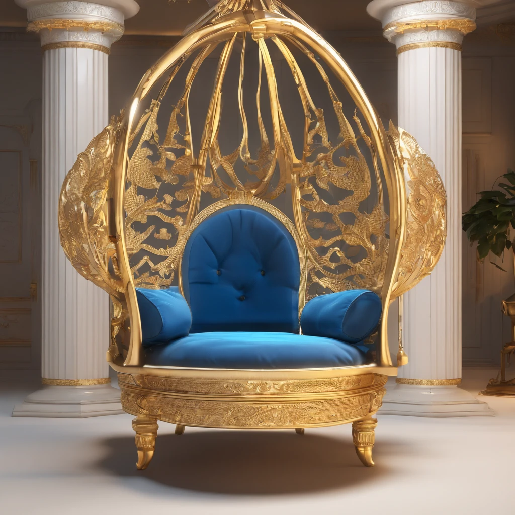 a close up of a hanging chair with a blue cushion, luxury furniture, by Elena Guro, blue and gold color scheme, exquisitely designed throne room, perched on intricate throne, luxury hd render, exquisite and handsome wings, gold and luxury materials, golden throne, extremely opulent, gold throne, furniture photography, royal interior, throne