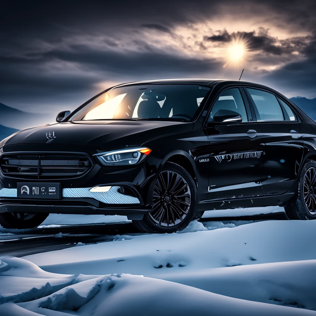 Black car driving on snowy road，Black car，The background is mountains, Wide-angle panorama, , High quality images, subtle detailing, Side lighting ，Amazing，Ultra photo realsisim，k hd，