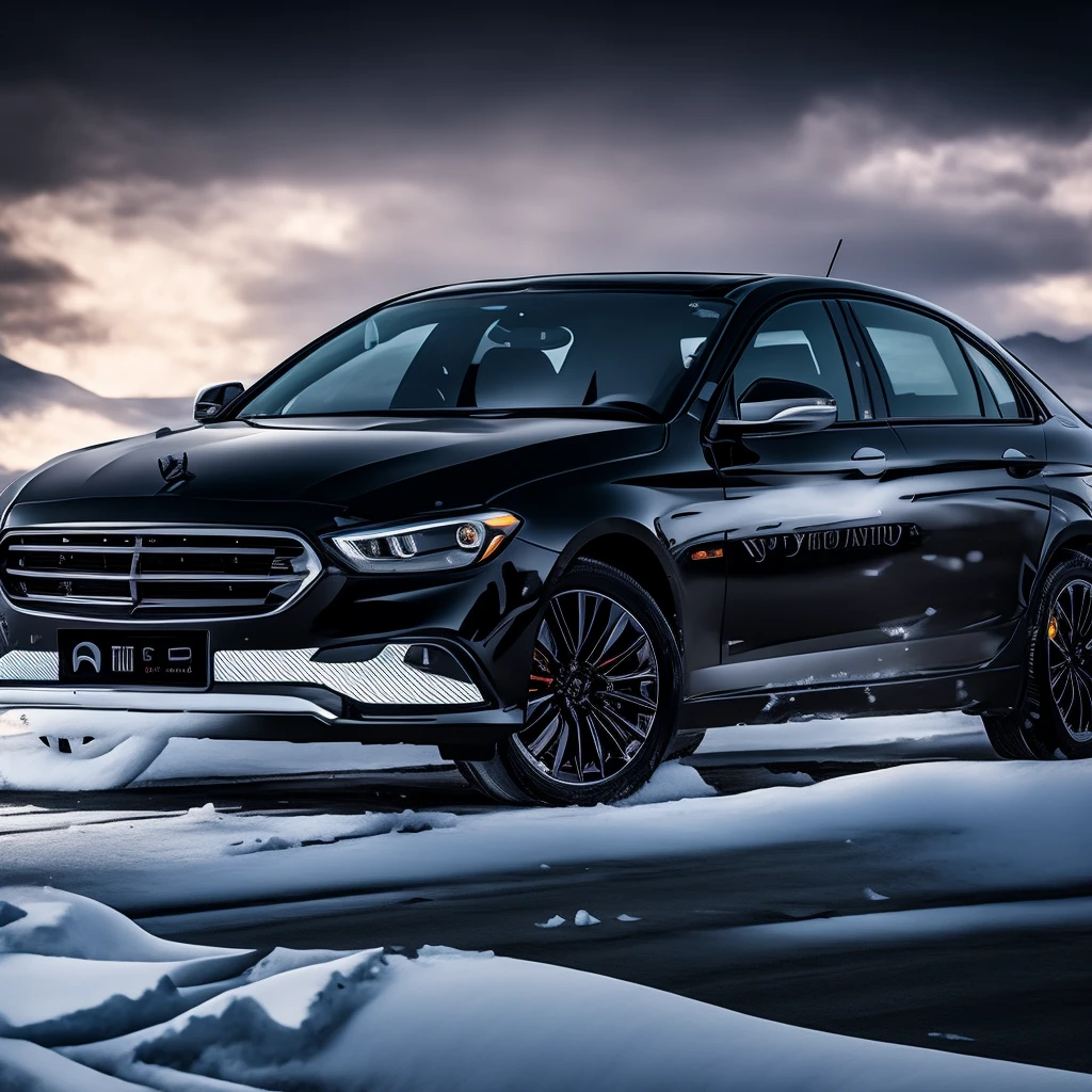 Black car driving on snowy road,Black car,The background is mountains, Wide-angle panorama, , High quality images, subtle detailing, Side lighting ,Amazing,Ultra photo realsisim,k hd,