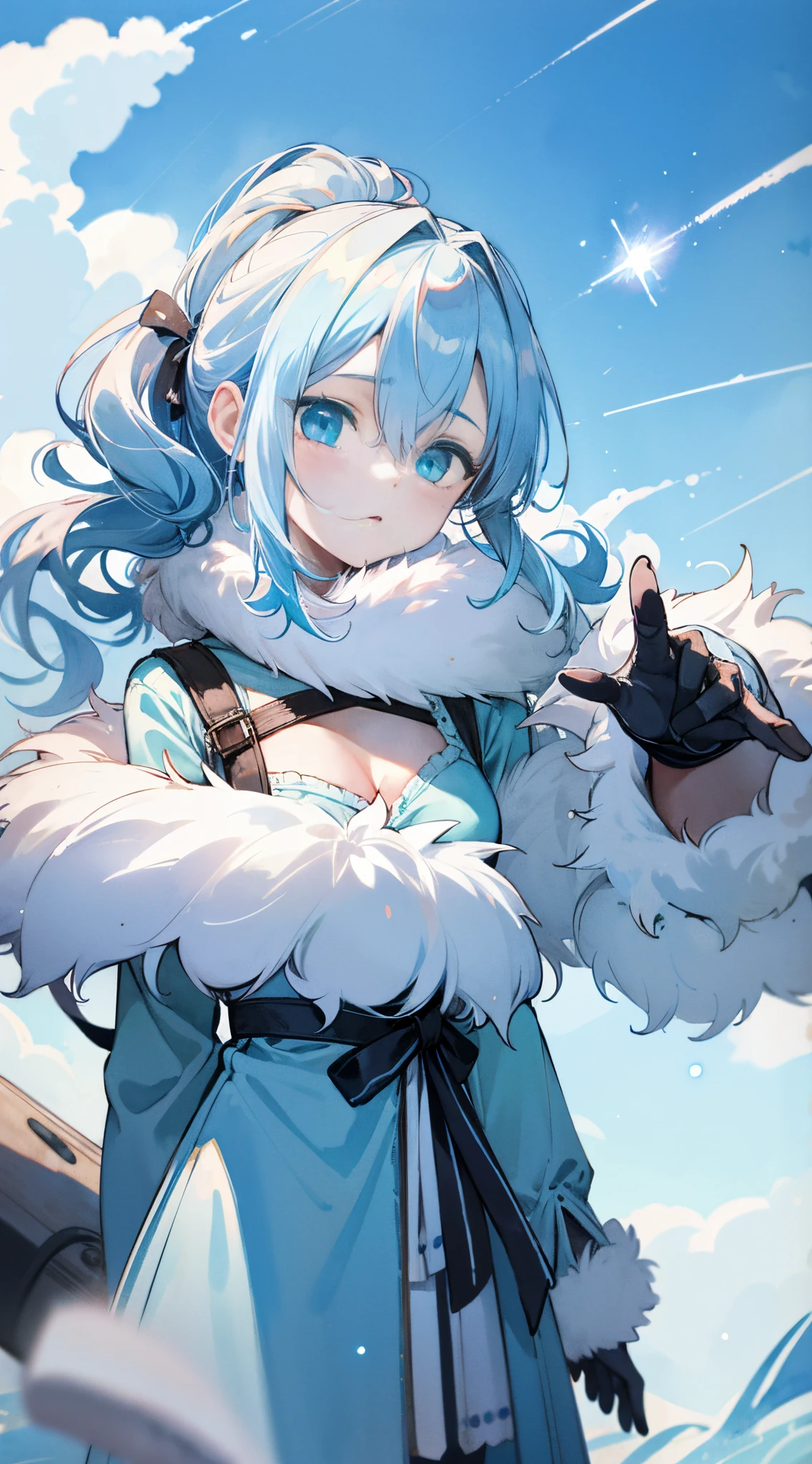 masutepiece,top-quality,Colorful pastels in absurd high resolution, (Watercolor art: 1.3), (Selective Fairness: 1.4),
BREAK,
1 person,Solo,(Cute:1.5),(Chibi:0.6),(kawaii:1.5),(Lori:0.5),(17 years old girl),Very detailed,colourfull,highest details,Clear skin,Beautiful skin,Shy,Very detailed,colourfull,highest details,Clear skin,Beautiful skin,Shy skin,1 beautiful girl,{Heterochromia,pale blue eyes,pale green eyes:1.9},star eye silhouette, BREAK,(pale blue hair, Medium length:1.4),(Side Ponytail,A little curly hair,Single-sided twisted blade,Princess Cut:1.3),(cleavage of the breast,Large breasts,Beautiful , gleaming skin,Clear skin, Beautiful skin,(best quality face),(Top quality glowing eyes), BREAK ,(Vivid colors:1.3), ((Dark Brown Color Alice Band Ribbon)), ( coat, fur-trimmed sleeves, Fur collar, Fur trim:1.35), gloves, Hair over one eye, Sword, With weapons, White Gloves,
BREAK,(day),(briggs north wall), Blue sky, cloud,Outdoors, skyporn,Waterfall,depth of fields,
BREAK,wakame,wakame,wakame,(Dynamic Angle:1.4),
BREAK,(Blurry background:1.3),(absurderes, hight resolution, Super Detail Art),cel shading,Clear Color, Lonely optical effect, Beautiful pictures, Bright glow, mystic atmosphere,(Close-up of girl:1.1), Mystical light particle effect,manga influence, clean line drawings,