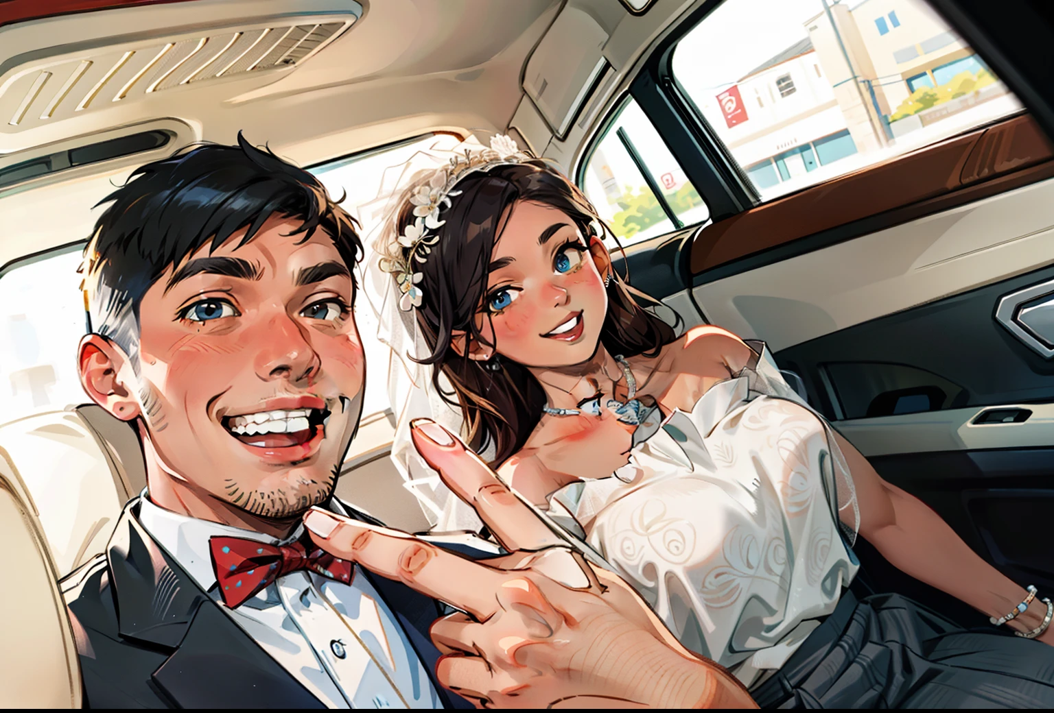 There is a man and a woman sitting in the car, Happy couple, wedding photo, cute couple, The woman is very old,V sign