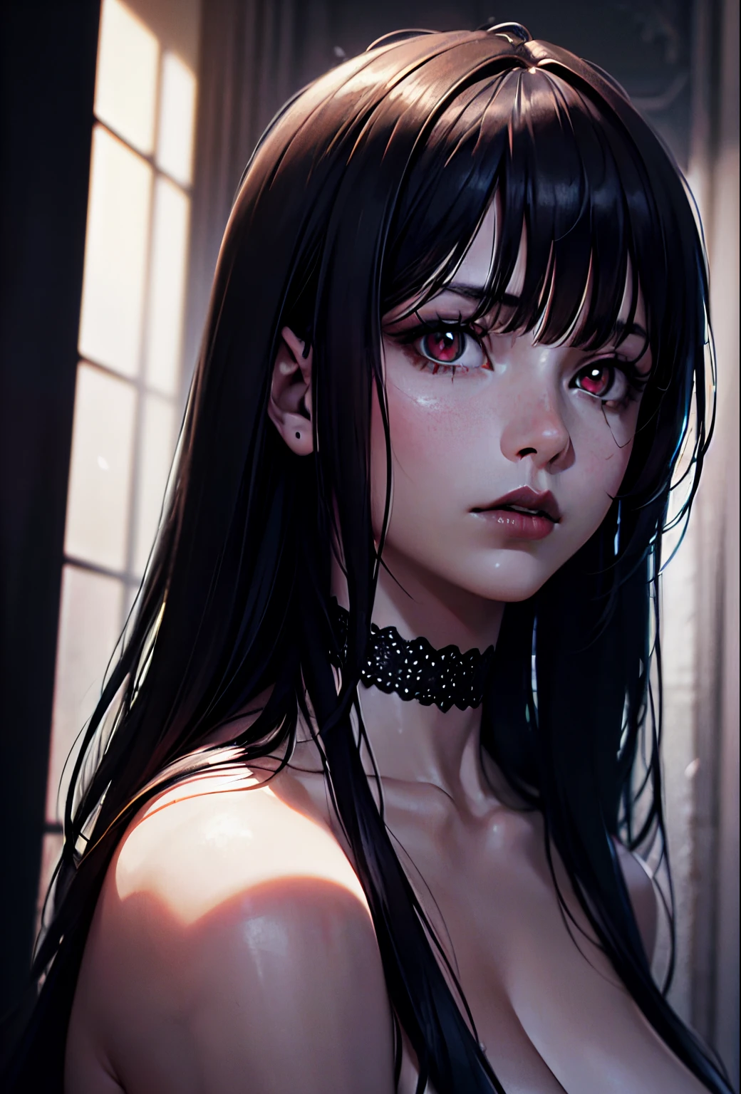 (best quality, masterpiece:1.2, ultra high res, high detail, realistic, photorealistic:1.4), raw photo, 1girl, choker, (naked girl:1.2), girl, in the dark, mysterious atmosphere, deep shadows, low key lighting, cold tones, detailed skin, (pale white skin:1.2) expressive eyes, red eyes, luscious lips, (dark black lips:1.2), lowing hair, black hair:1.2, ethereal beauty, subtle highlights, moody ambiance, soft and diffused lighting, captivating gaze, delicate features, graceful pose, enchanting darkness, dramatic contrast, mesmerizing shadows, cinematic composition, evoking emotion, hauntingly beautiful, intricate details, fine art aesthetic, wide-angle lens distortion