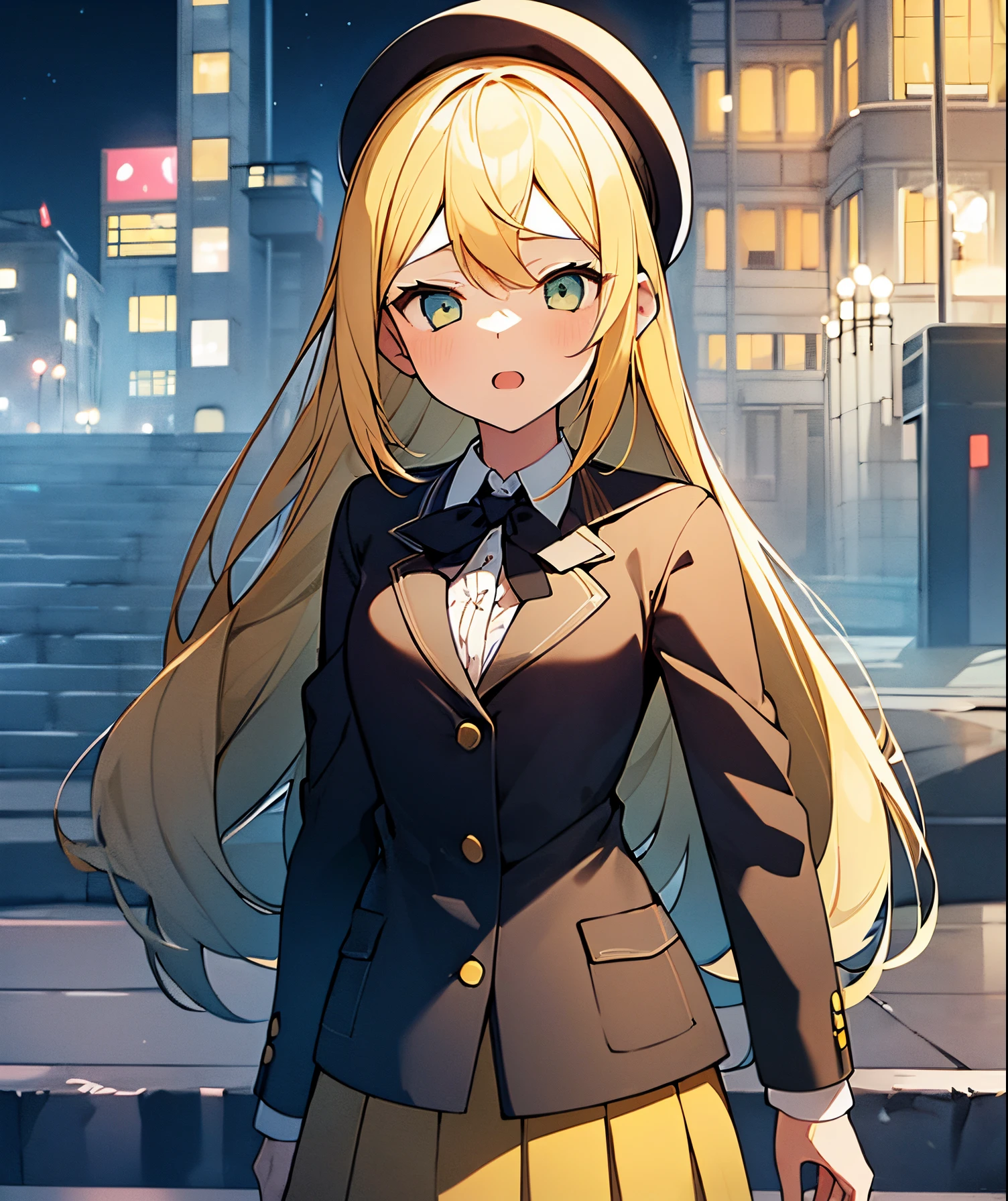 1girl. yellow hair.long hair.short stature. small breast.skirt. (((masterpiece))).(((best quality))).)((ultra-detailed))).(((illustration))).(((night view))).school uniform.magic circles.open mouth.Sad face.beret.up chest.highrise buildings.In the street.