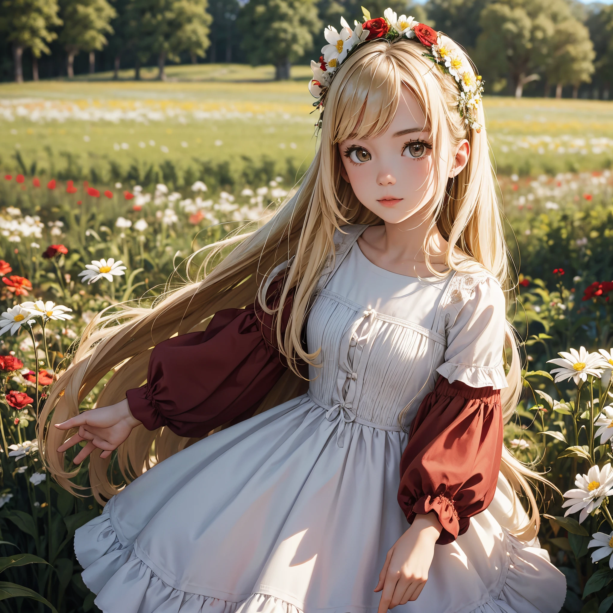 Hay una chica con un vestido rojo y blanco sosteniendo un ramo, Chica en flores, Recogiendo flores, sosteniendo flores, recogiendo una flor, Chica de pie en el campo de flores, Chica parada en un campo de flores, Flores en las mejillas del heredero, Chica en un campo de flores, Retrato de chica en campo de flores, Chica caminando en el bosque, Chica con cabeza de flor