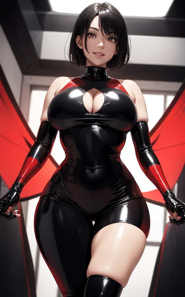 realisticlying、30-year-old woman, glowing eyes, Face Real, Close-up look up from below, huge breast, Wearing a sheer tight-fitting black and red latex dress, voluptuous, Emphasis on the thighs, sexy Face, feet out of frame, smiling, dominating, short hair, staring at viewer