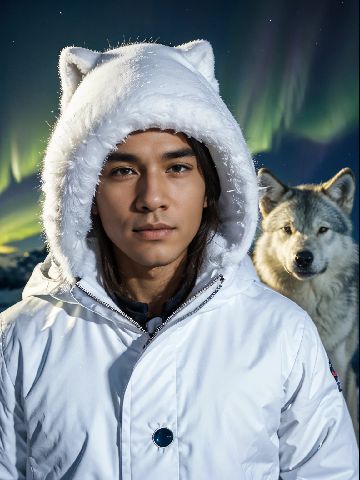 Eskimo man wearing white clothes,A snow wolf next to,aurora borealis,Super HD
