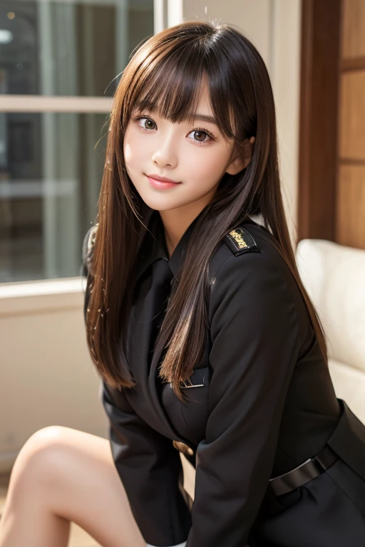 ((glistning skin))、女の子1人、18 year old beautiful girl in Prague、bright expression、with round face、Glossy glossy skin、(Medium Hair)、eye liner、Beautiful bangs、Hair between the eyes、Digital SLR、Soft light、hightquality、natural soft light、Looking at the camera, Soft smile、Black military uniform、Military Academy、Black miniskirt、Background inside the house、
