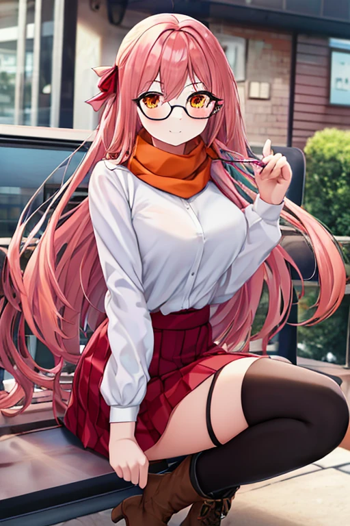 A girl with straight long pink hair, orange eyes, and wearing casual clothes, including a white shirt, a red skirt, a hair ribbon, glasses, an orange scarf, black thighhighs, and boots. (best quality, detailed)