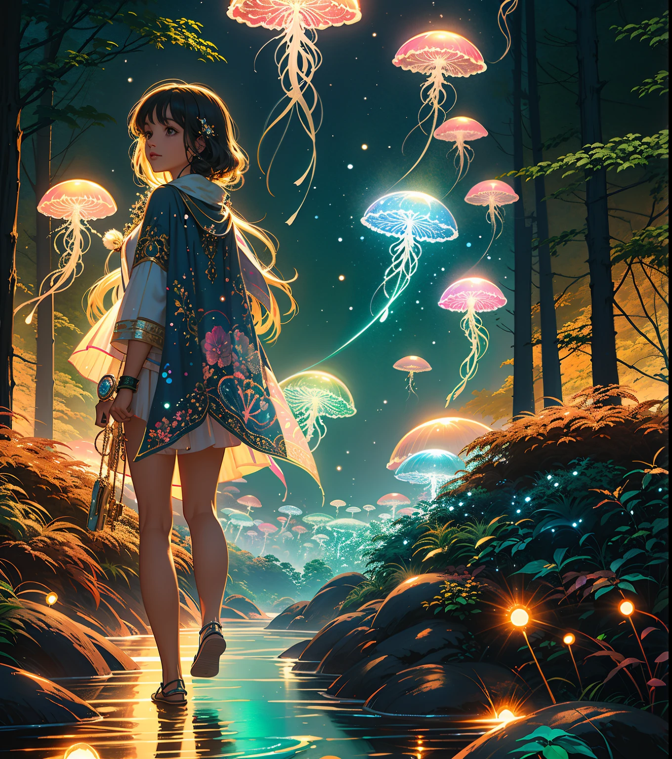 1girll, Wear a collectible space-age pearlescent wristband, Soft focus, Modern art, Key light, escala cinza, glimmering, runic, light stre, Highly detailed, 64k,jellyfishforest
