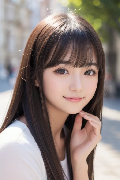 ((glistning skin))、1人、18 year old beautiful girl in Prague、bright expression、with round face、Glossy glossy skin、(Medium Hair)、eye liner、Beautiful bangs、Hair between the eyes、Digital SLR、Soft light、hightquality、natural soft light、Looking at the camera, Soft smile